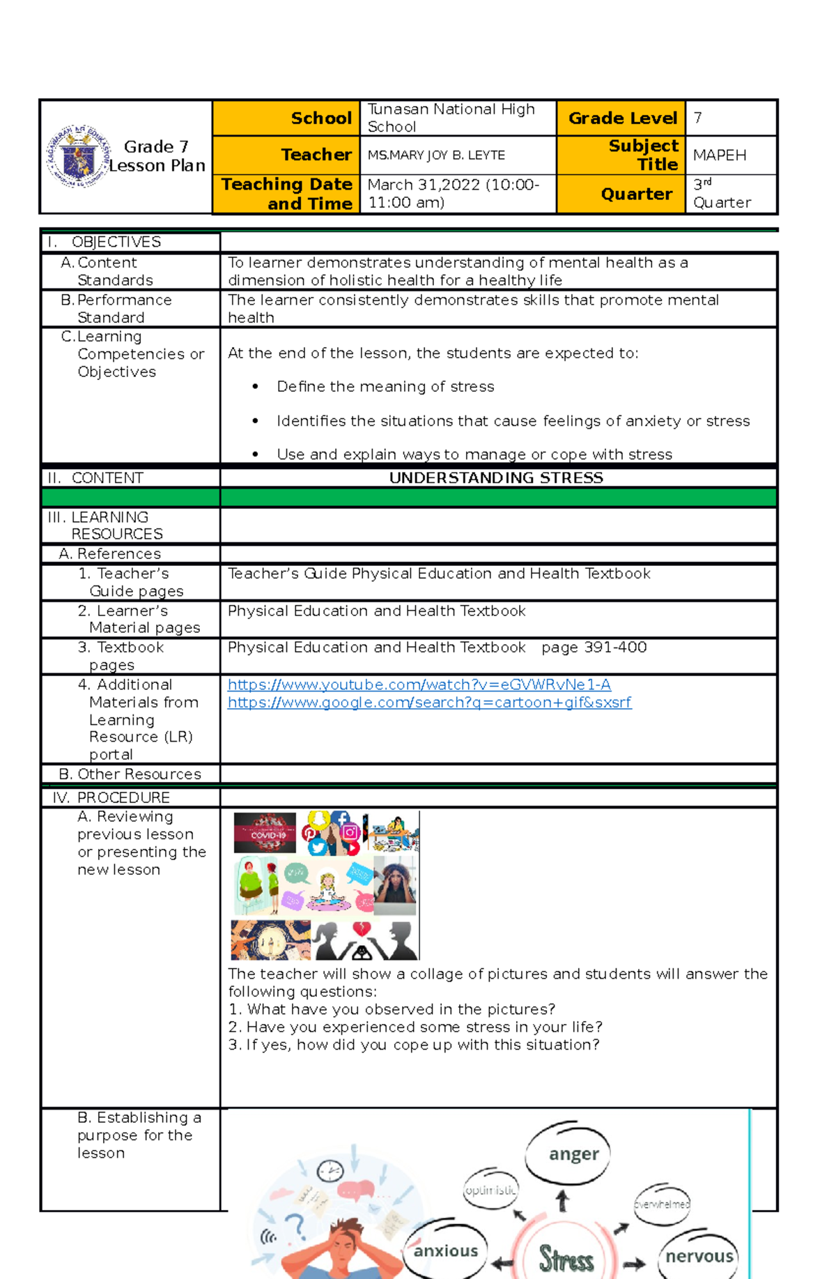 Lesson Plan: Health Week 8 - Understanding Stress for Grade 7 MAPEH ...