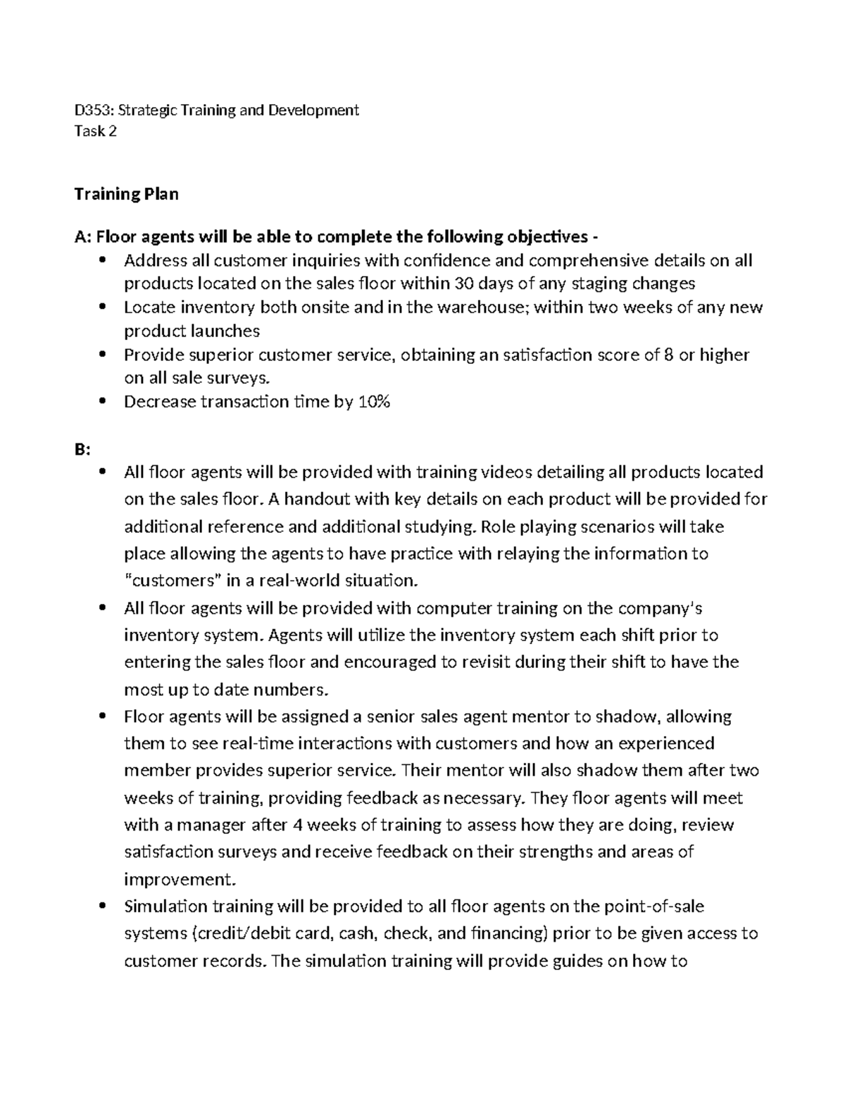 D353: Strategic Training Plan for Floor Agents - Task 2 - Studocu