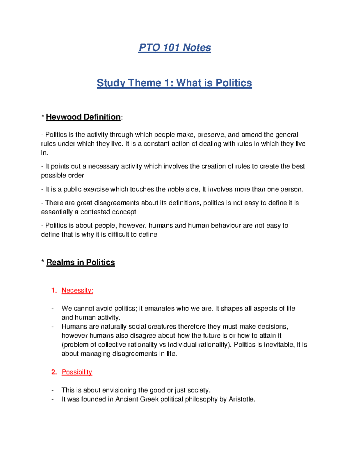 PTO 101 Theme 1 Study Notes: Understanding Politics Basics - Studocu