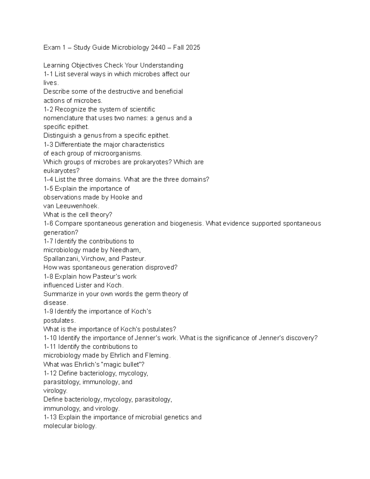 Exam 1 Study Guide for Microbiology 2440: Key Concepts & Learning ...