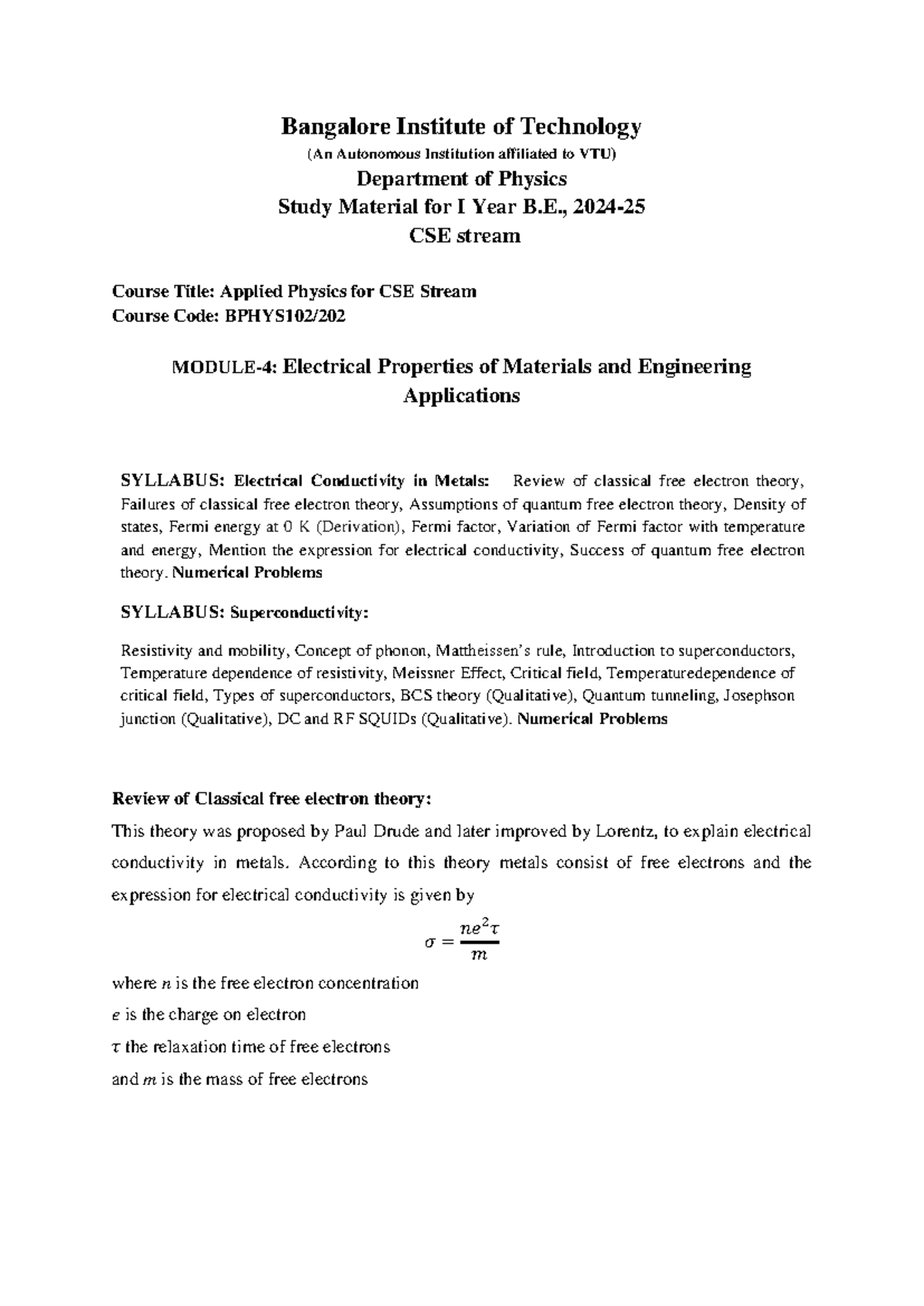 Module 4: Electrical Properties of Materials - CSE AMS Study Notes ...