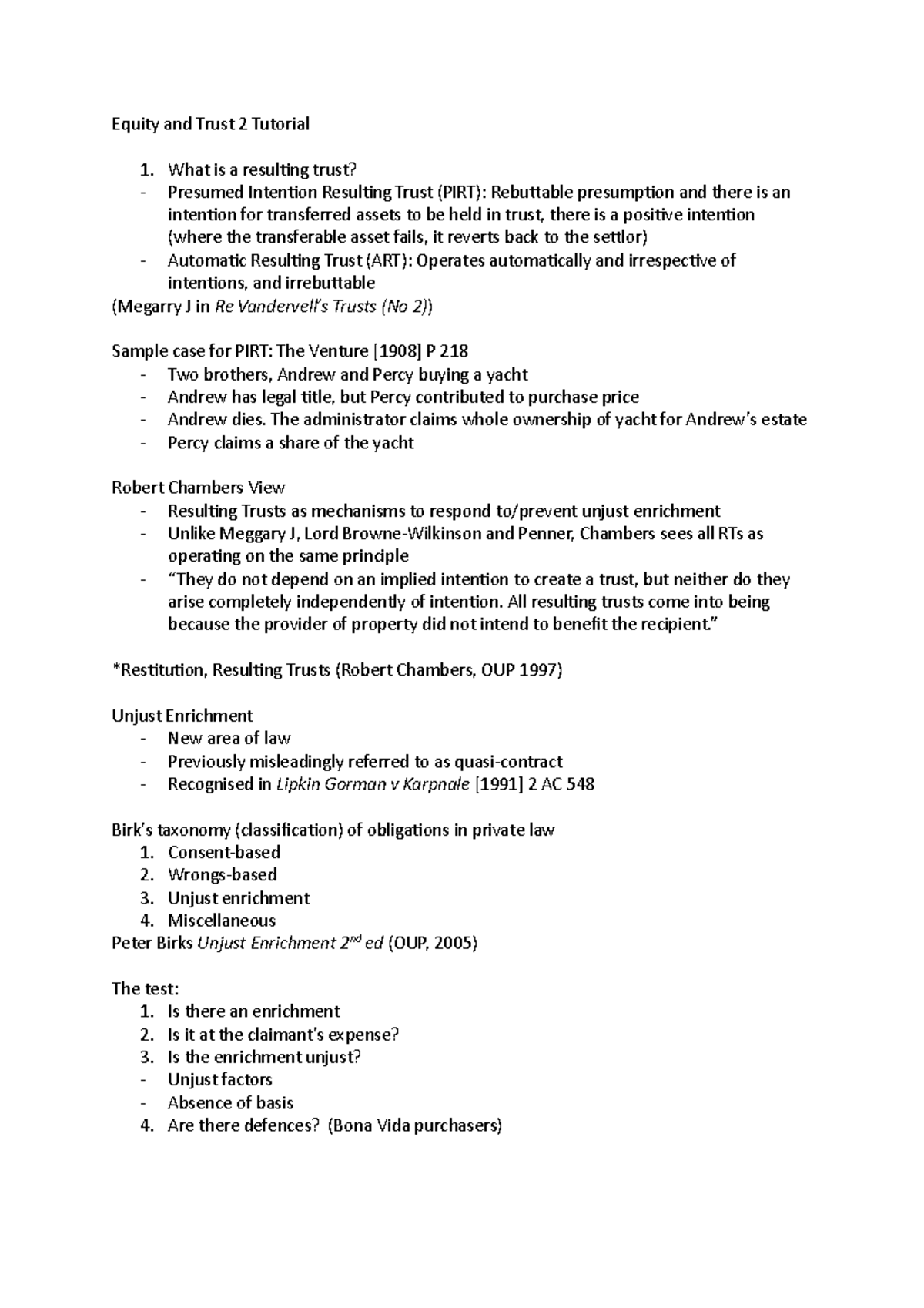 Equity and Trust 2 Tutorial: Resulting Trusts and Unjust Enrichment ...