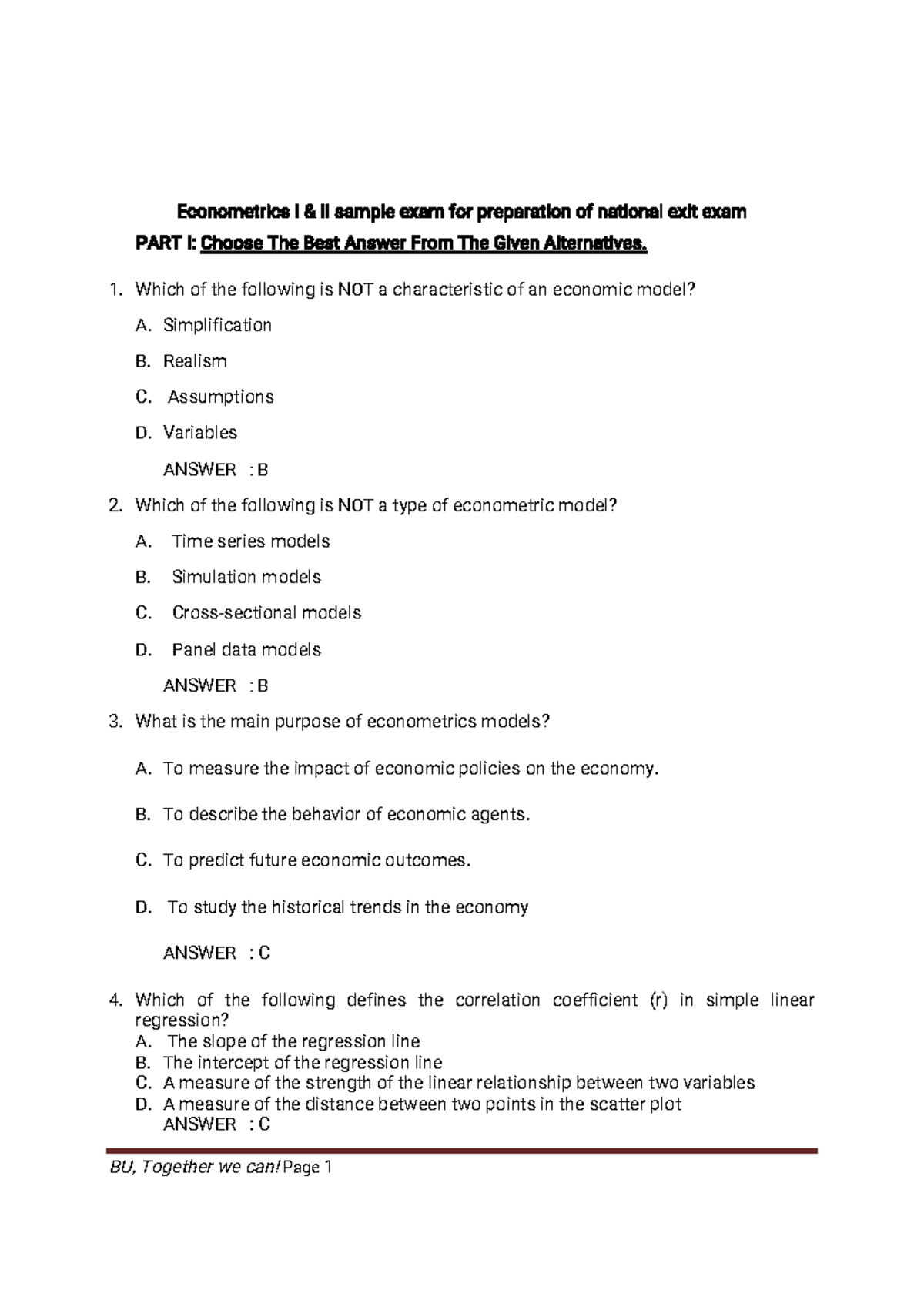 Econometrics I II Sample Exam Prep: National Exit Exam Questions - Studocu