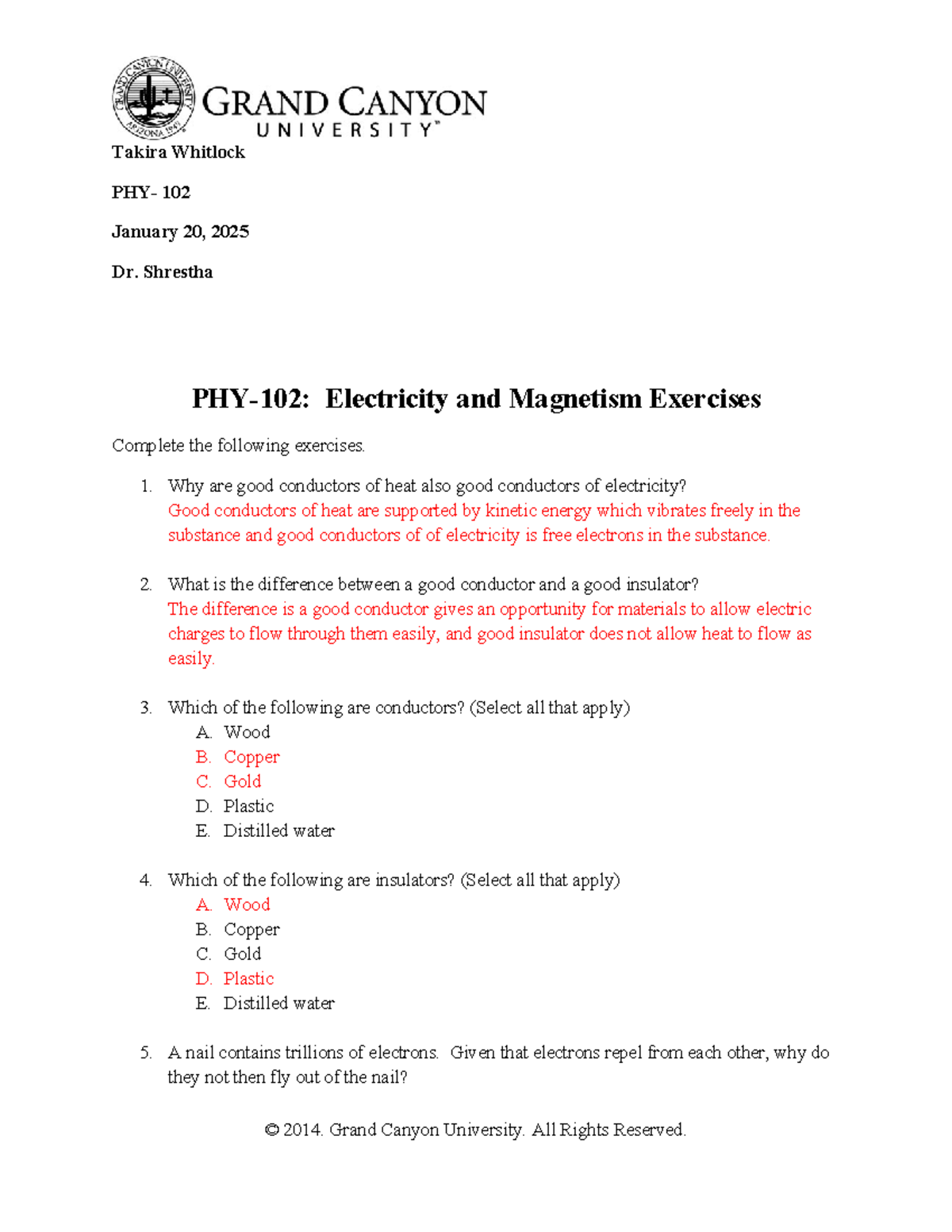 PHY-102 Electricity and Magnetism Exercises - Answer Key - Studocu