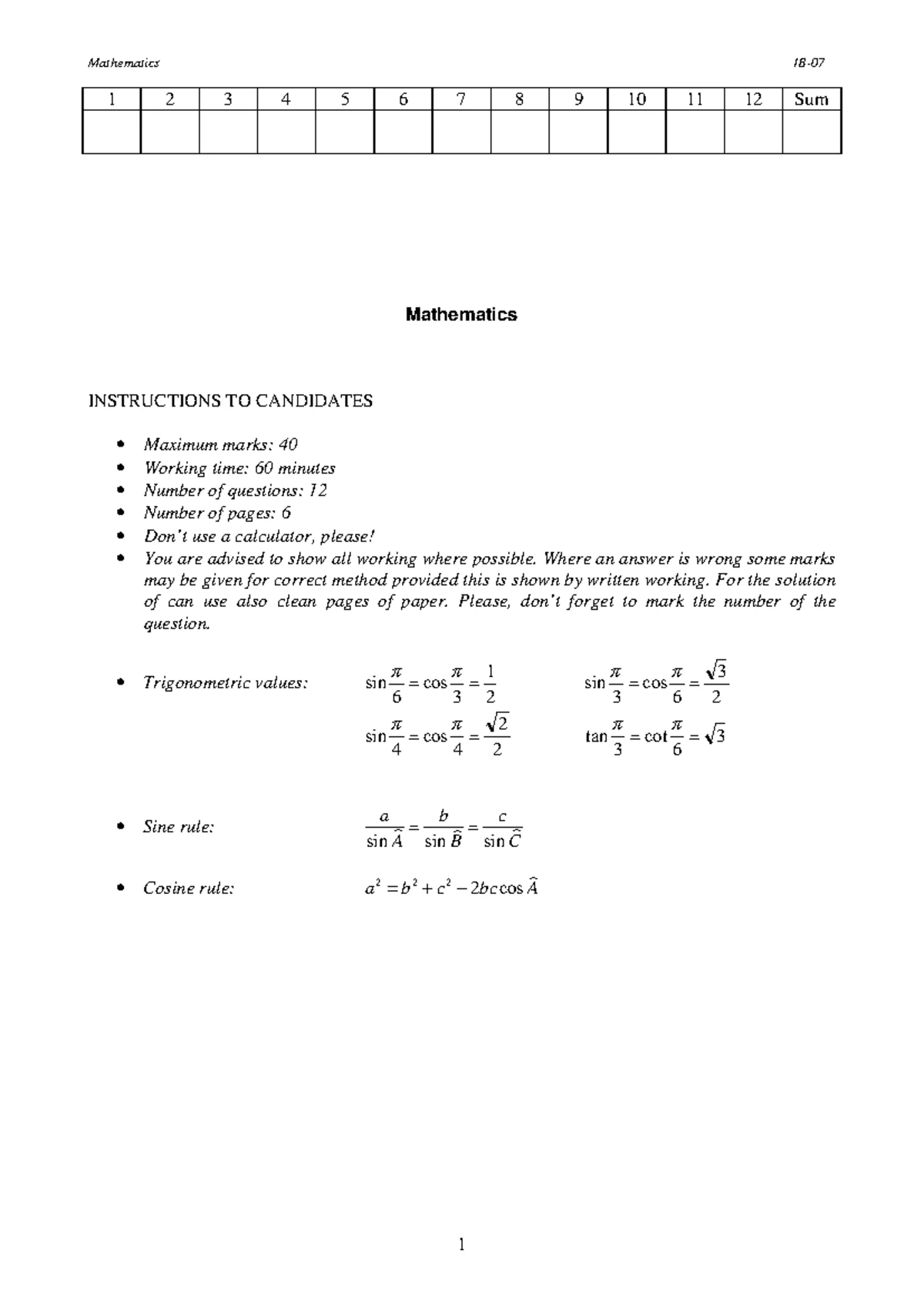 IB Maths 4 - Entrance Practice - 1 2 3 4 5 6 7 8 9 10 11 12 Sum ...