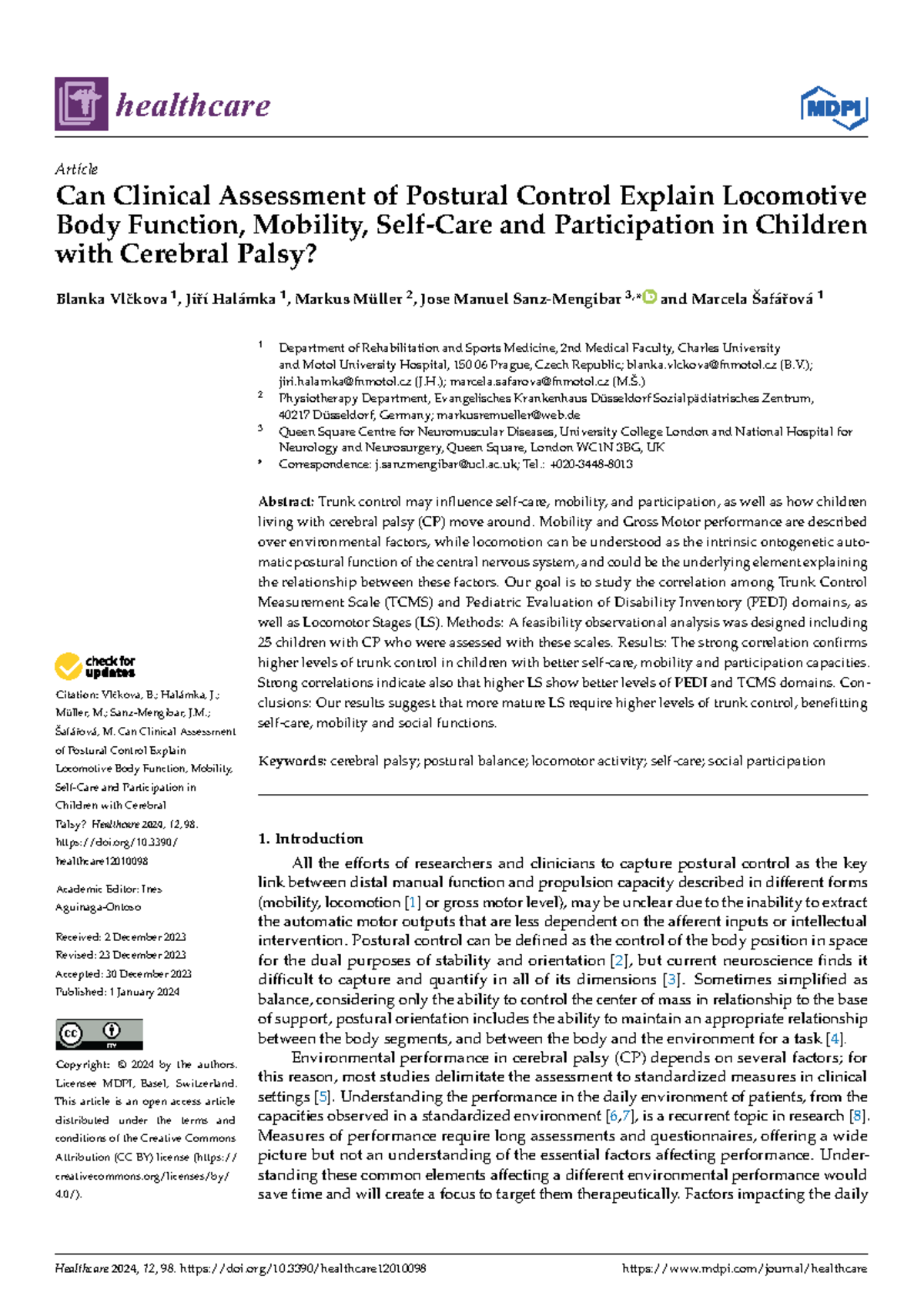 Healthcare 2024: Clinical Assessment of Postural Control in CP Children ...