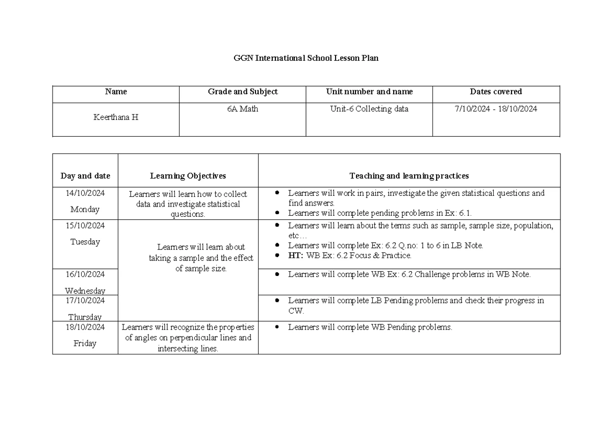 G6 Math Lesson Plan: Integers & LCM (Unit 6A) - Week Overview - Studocu