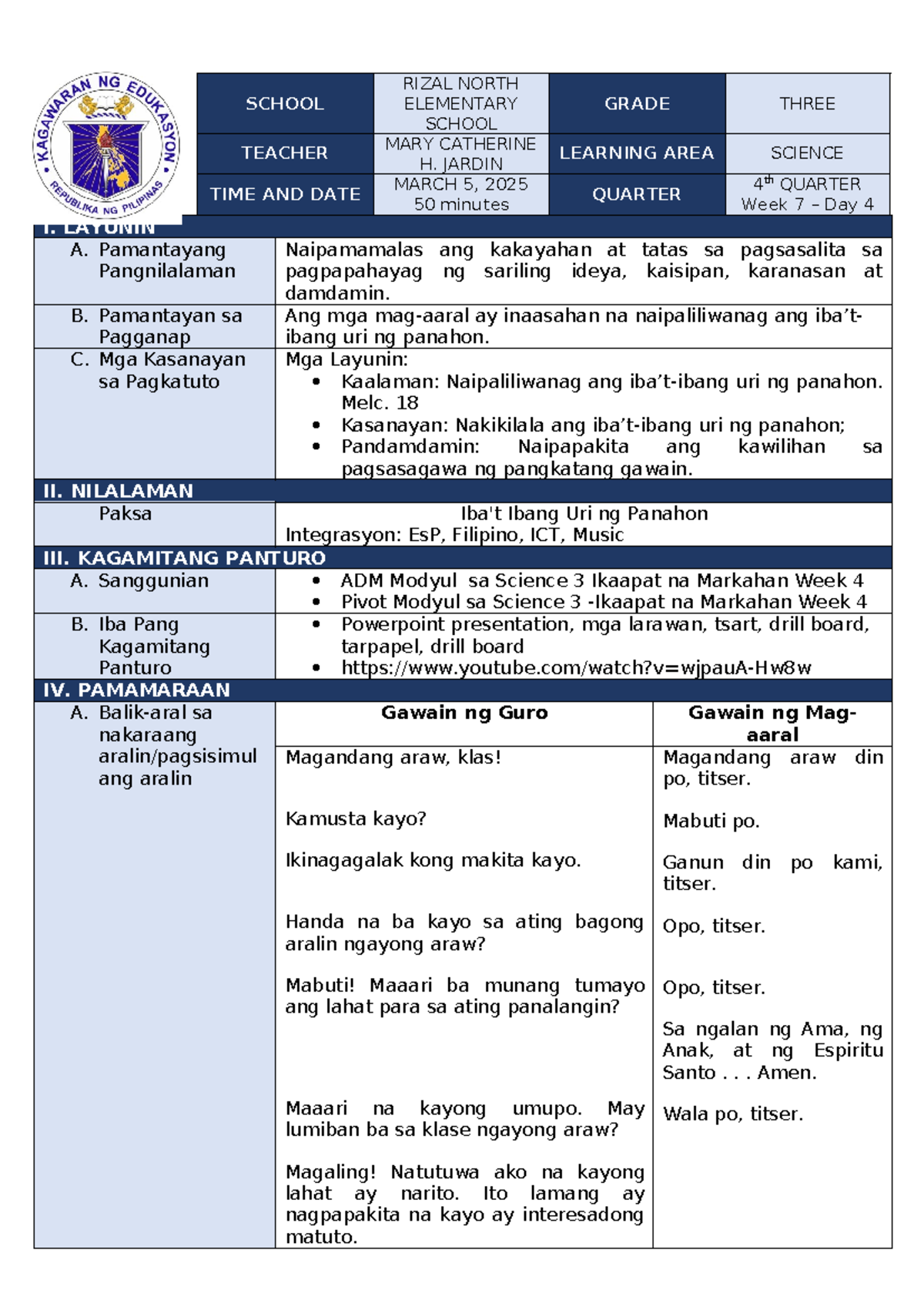 Science DLP6 - Detailed Lesson Plan on Weather Types for Grade 3 - Studocu