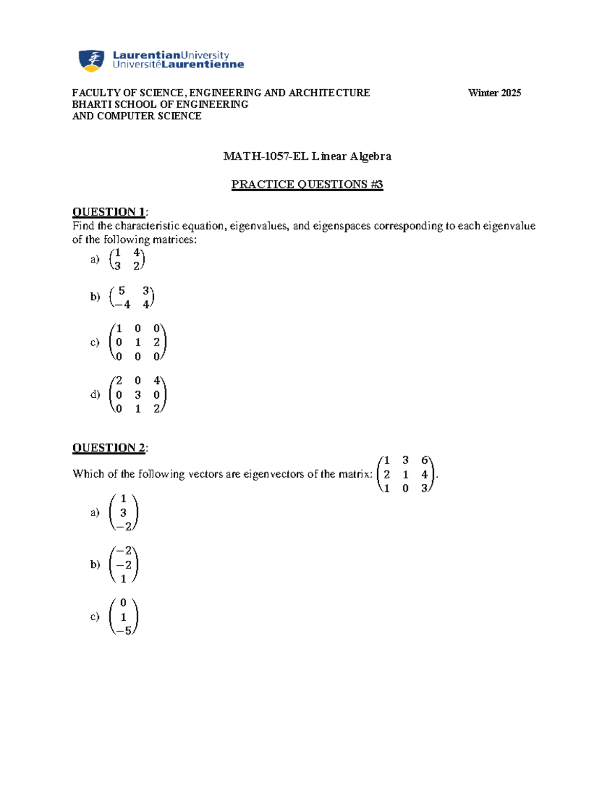 MATH-1057 Practice Questions on Eigenvalues & Linear Algebra Concepts ...