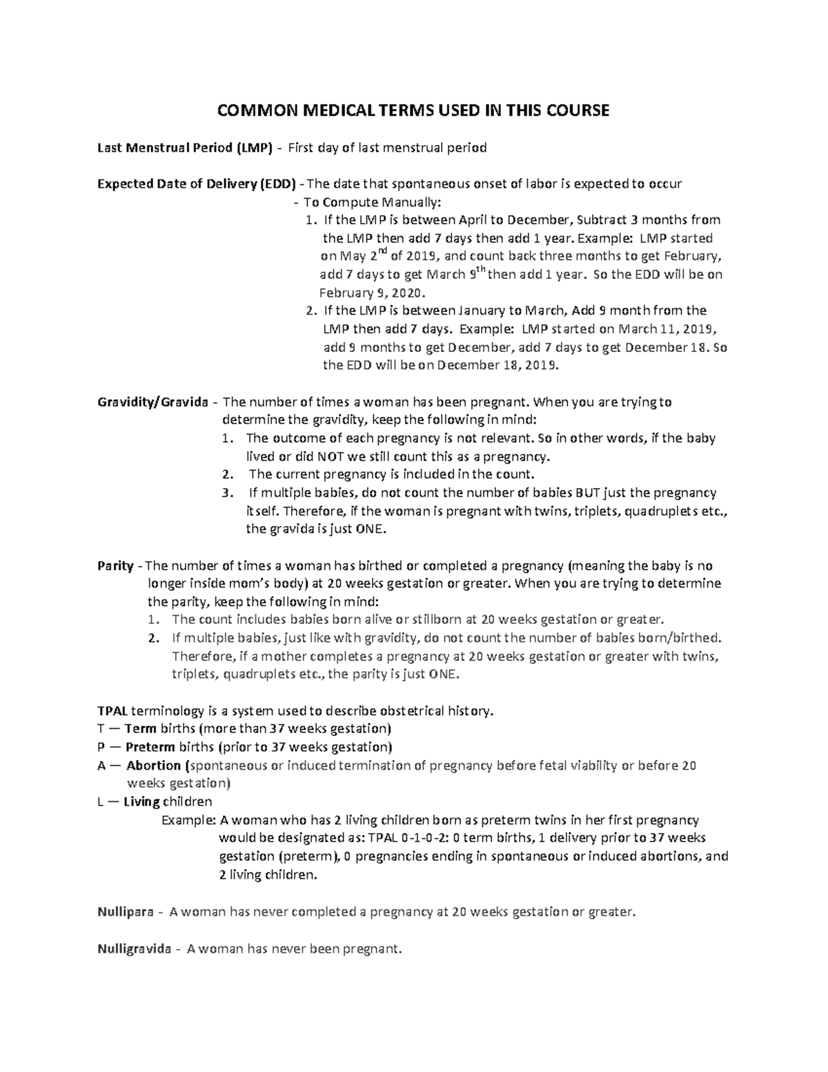Common Medical Terms for Obstetrics (MED 101) - Studocu