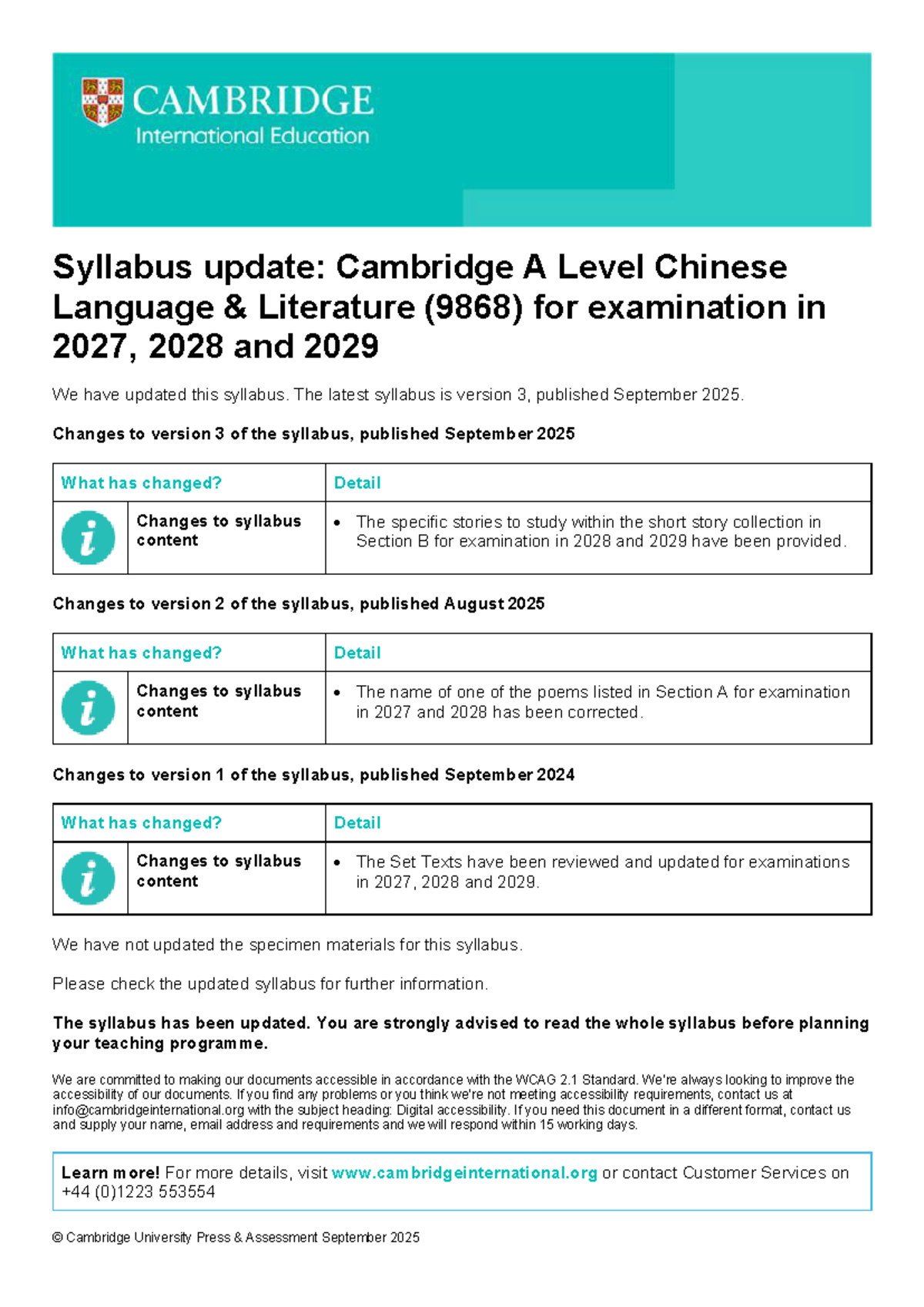 Cambridge A Level Chinese Language Literature (9868) Syllabus Update ...