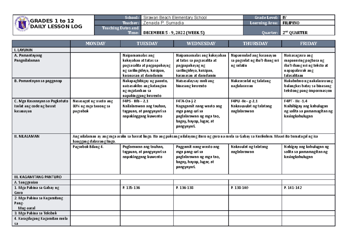 DLL Filipino 4 Q2 W5 - DAILY LESSON PLAN - GRADES 1 to 12 DAILY LESSON ...