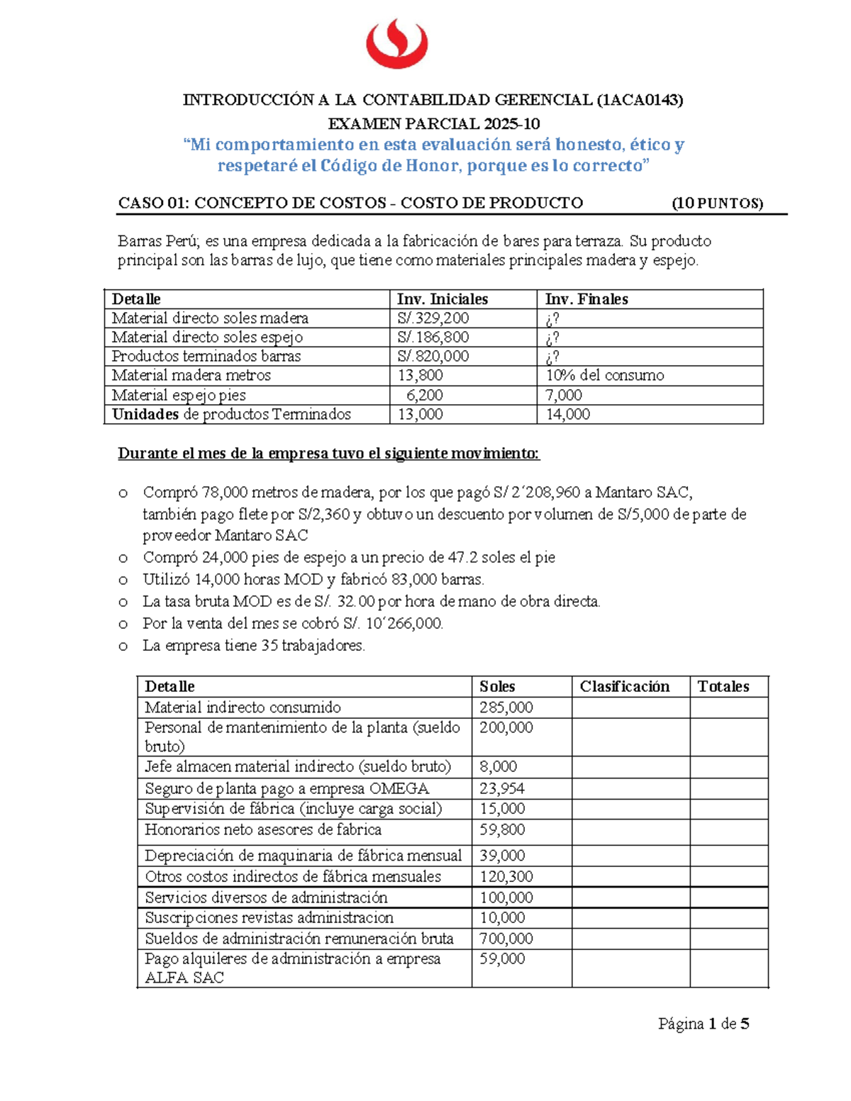 Examen Parcial de Contabilidad Gerencial (1ACA0143): Caso de Costos ...
