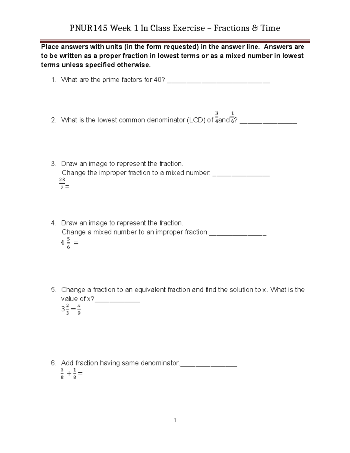 PNUR145 Week 1 In-Class Exercise: Fractions & Time Solutions - Studocu