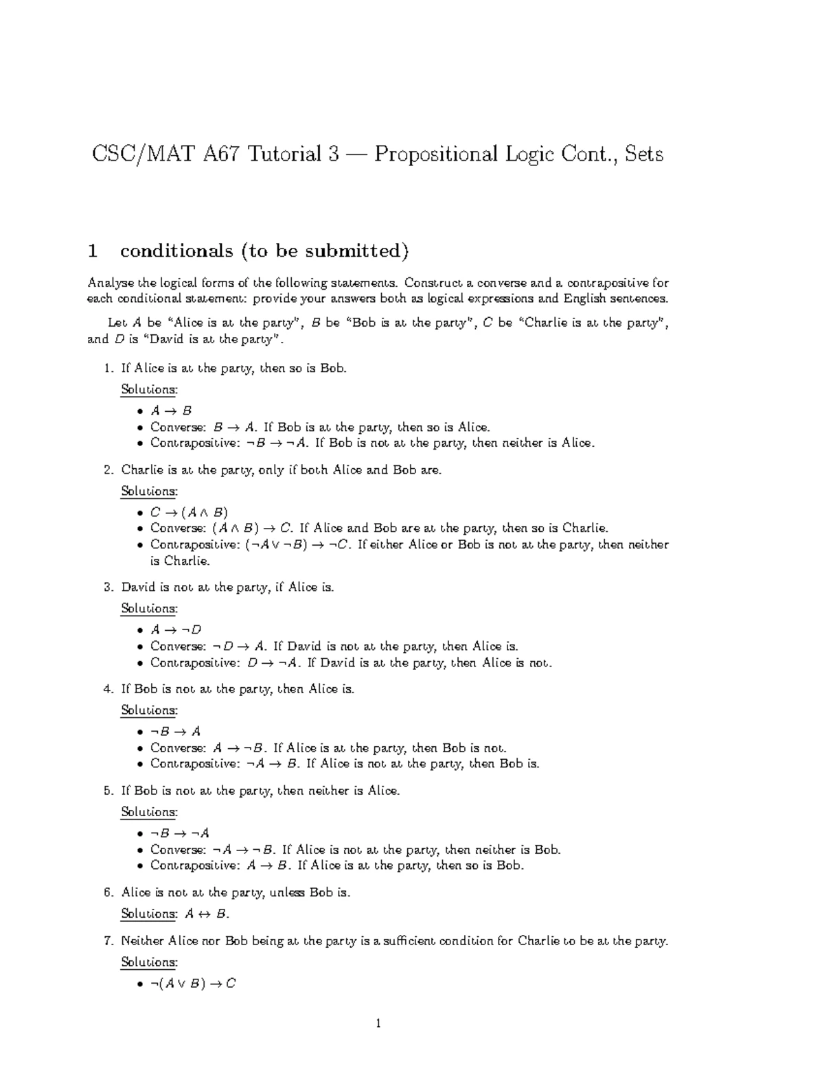 CSC/MAT A67 Tutorial 02 Solutions on Propositional Logic and Validity ...