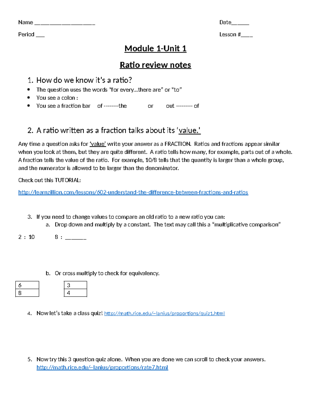 Module 1 Lesson 8: Ratio Review Notes and Quiz - Studocu