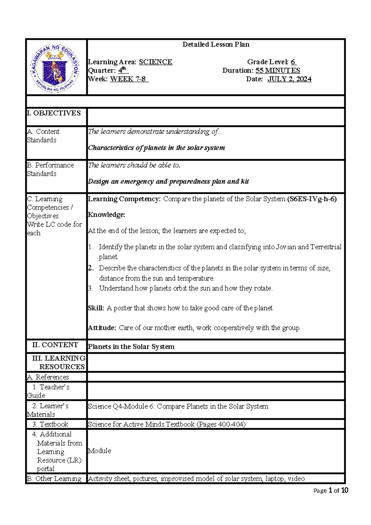 Grade 6 Science Lesson Plan: Exploring the Solar System (SCI6-Q4-MOD6 ...