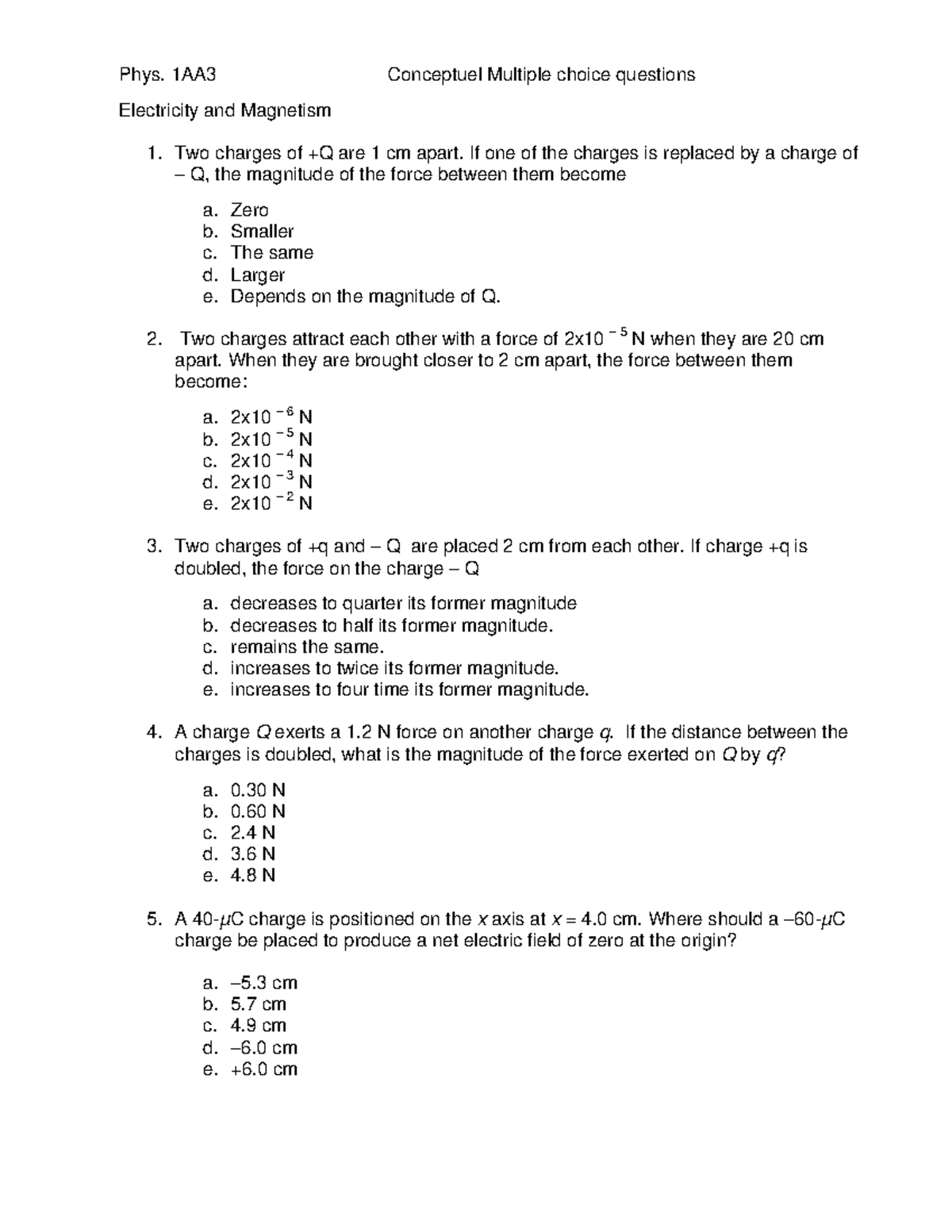 Phys. 1AA3 Conceptual MCQs on Electricity and Magnetism Review - Studocu