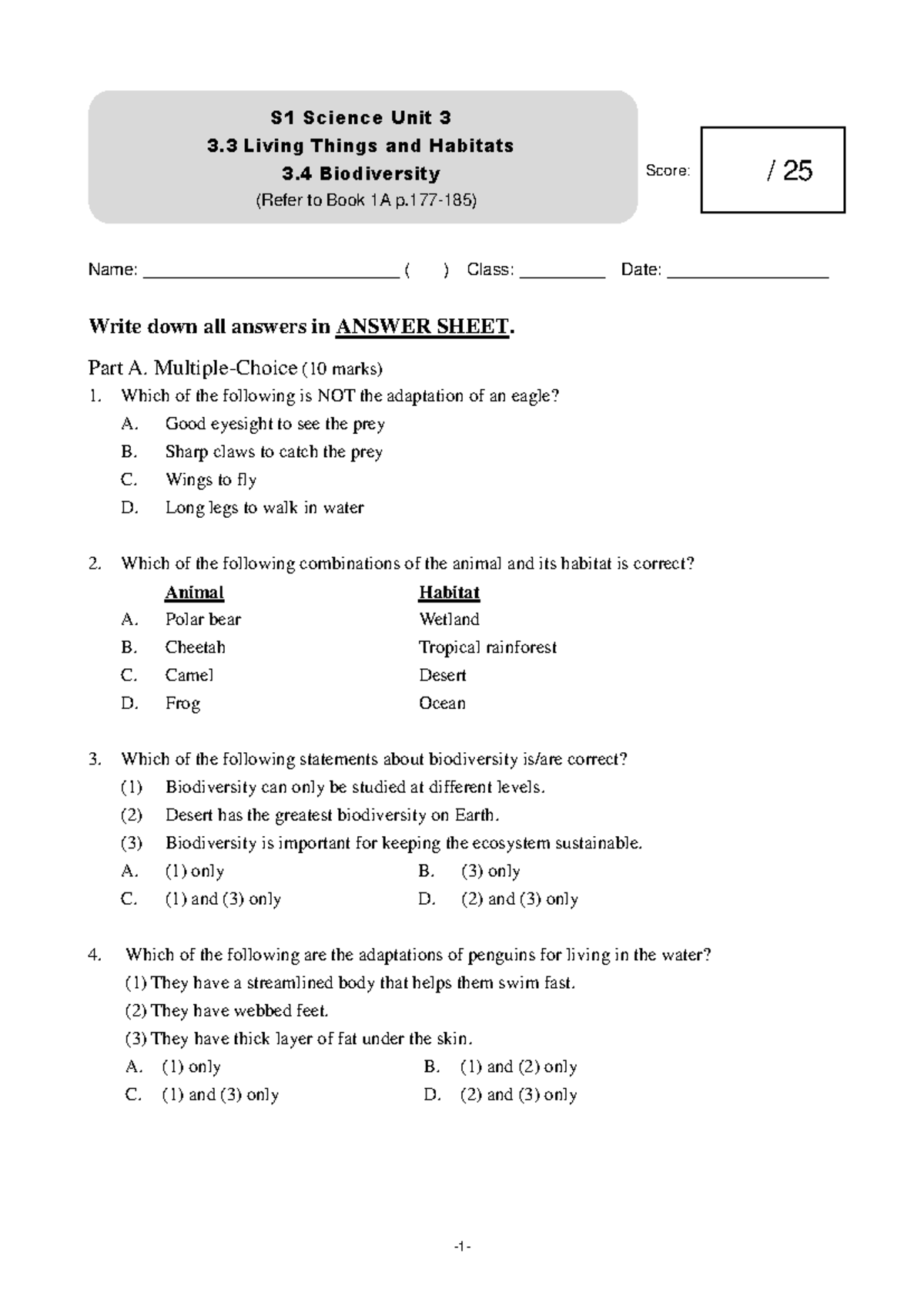 S1 Integrated Science Worksheet: Living Things & Biodiversity (Unit 3.3 ...