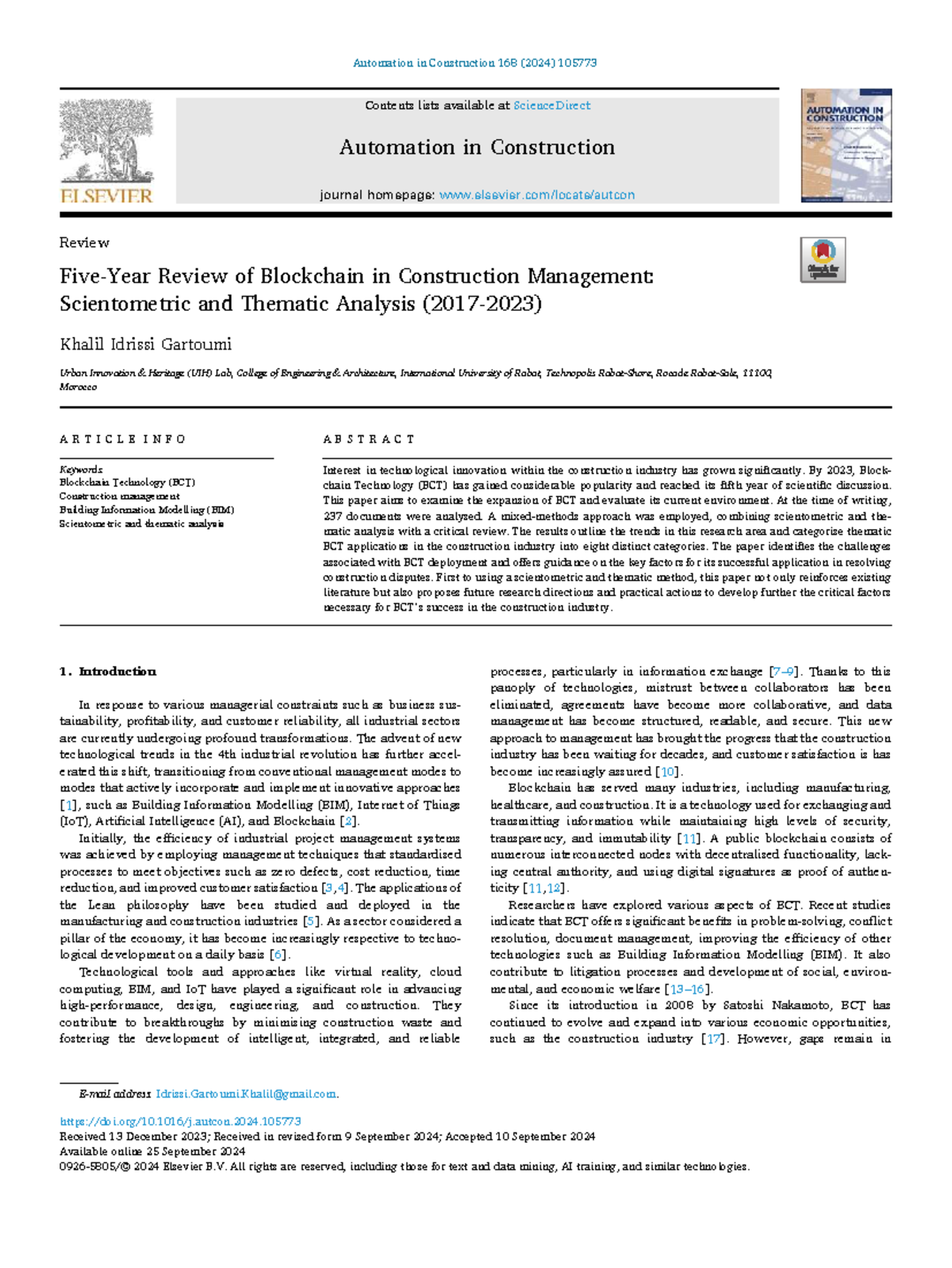 Review of blockchain technology in construction management: A ...