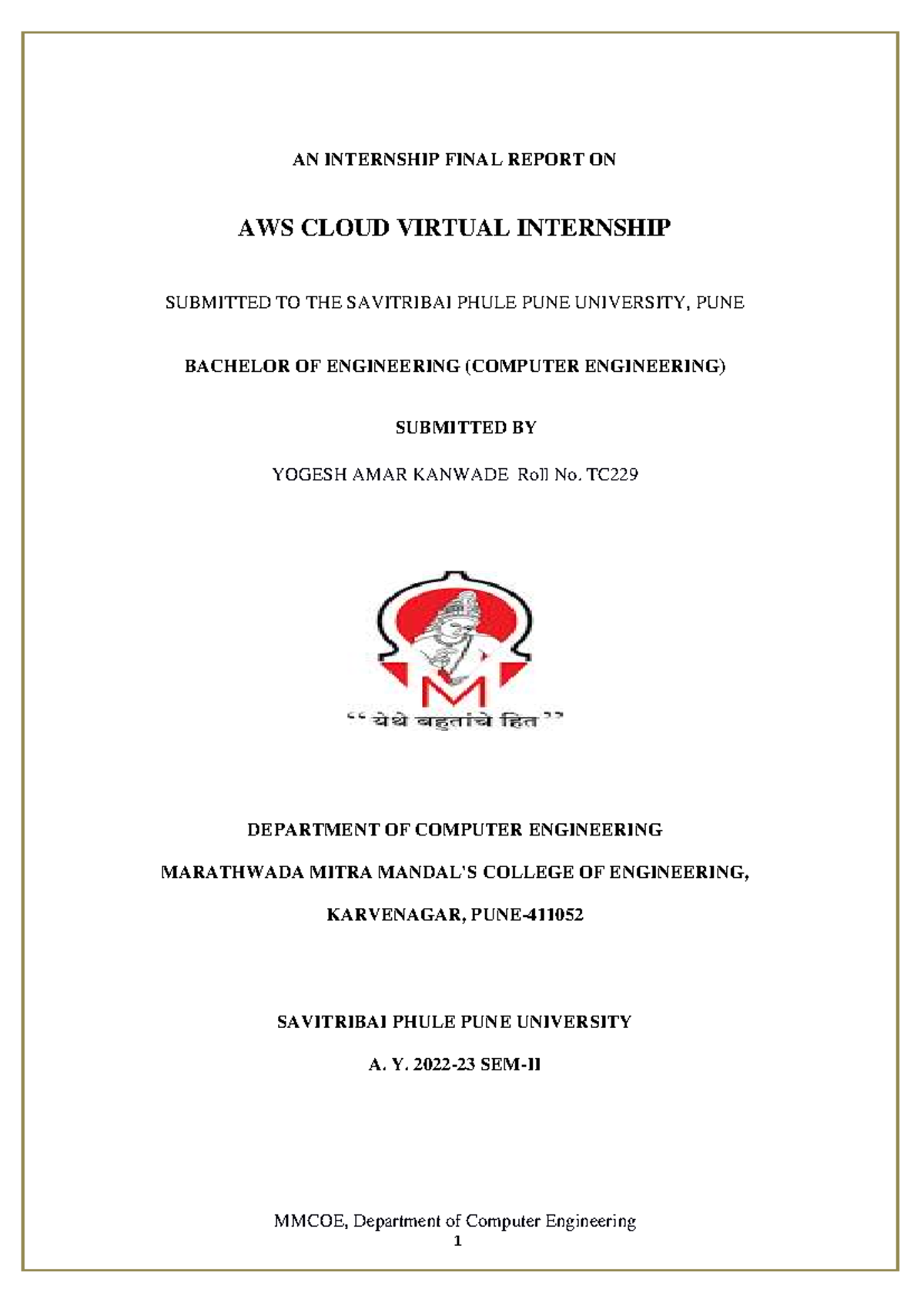 AWS Cloud Internship Final Report - Yogesh Kanwade (Roll No. TC229 ...