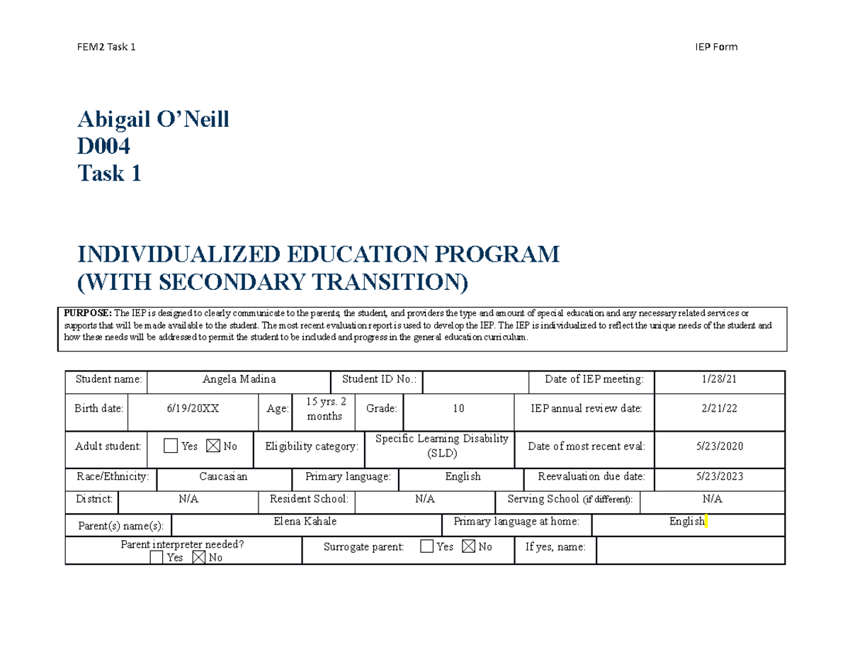 D004 Task 1 IEP - Individualized Education Program Overview - Studocu