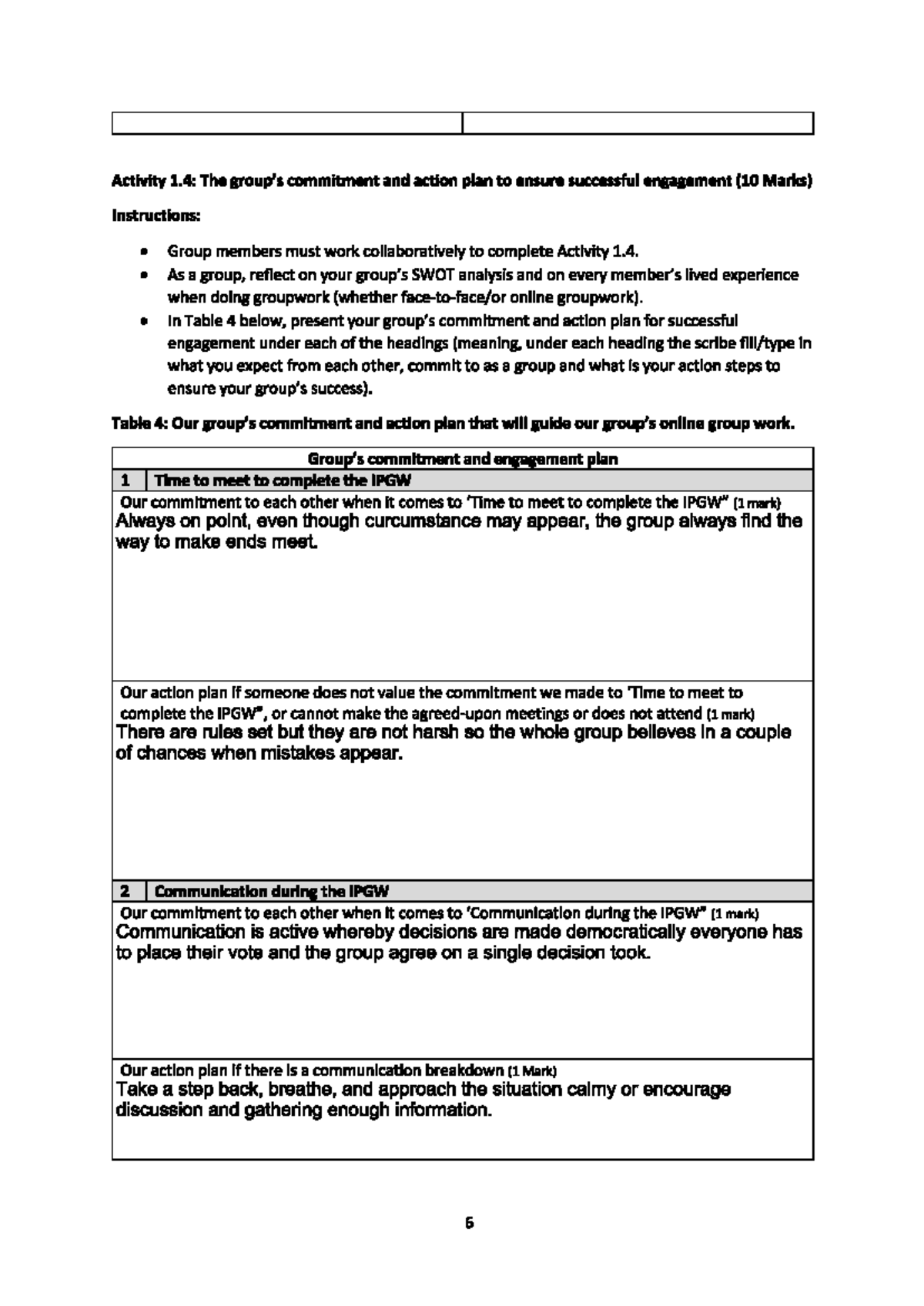Activity 1.4: Commitment & Action Plan for Group Engagement (10 Marks ...