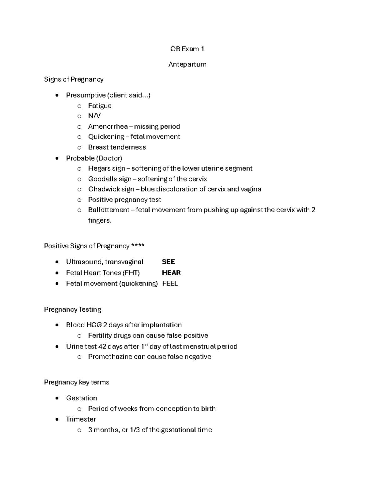 OB Exam 1 Study Guide: Key Concepts and Risk Factors - Studocu