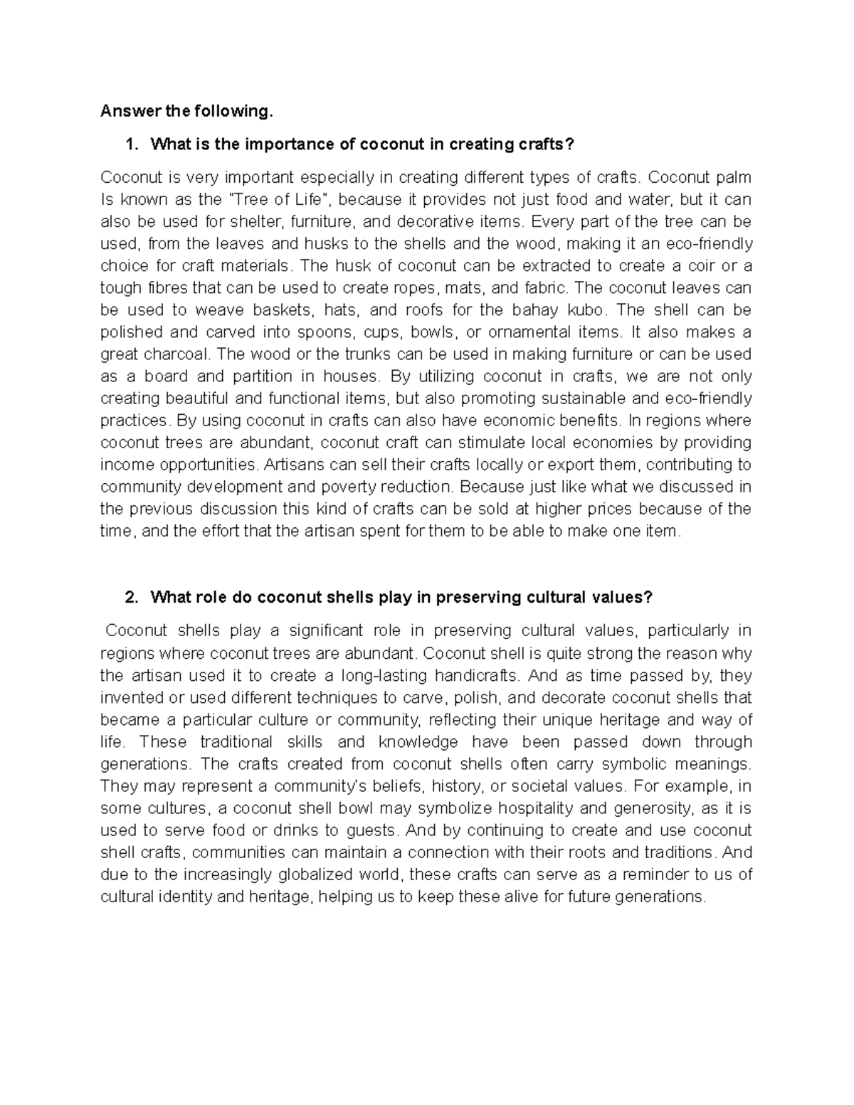 Coconut Quiz: Importance & Cultural Role of Crafts - Studocu
