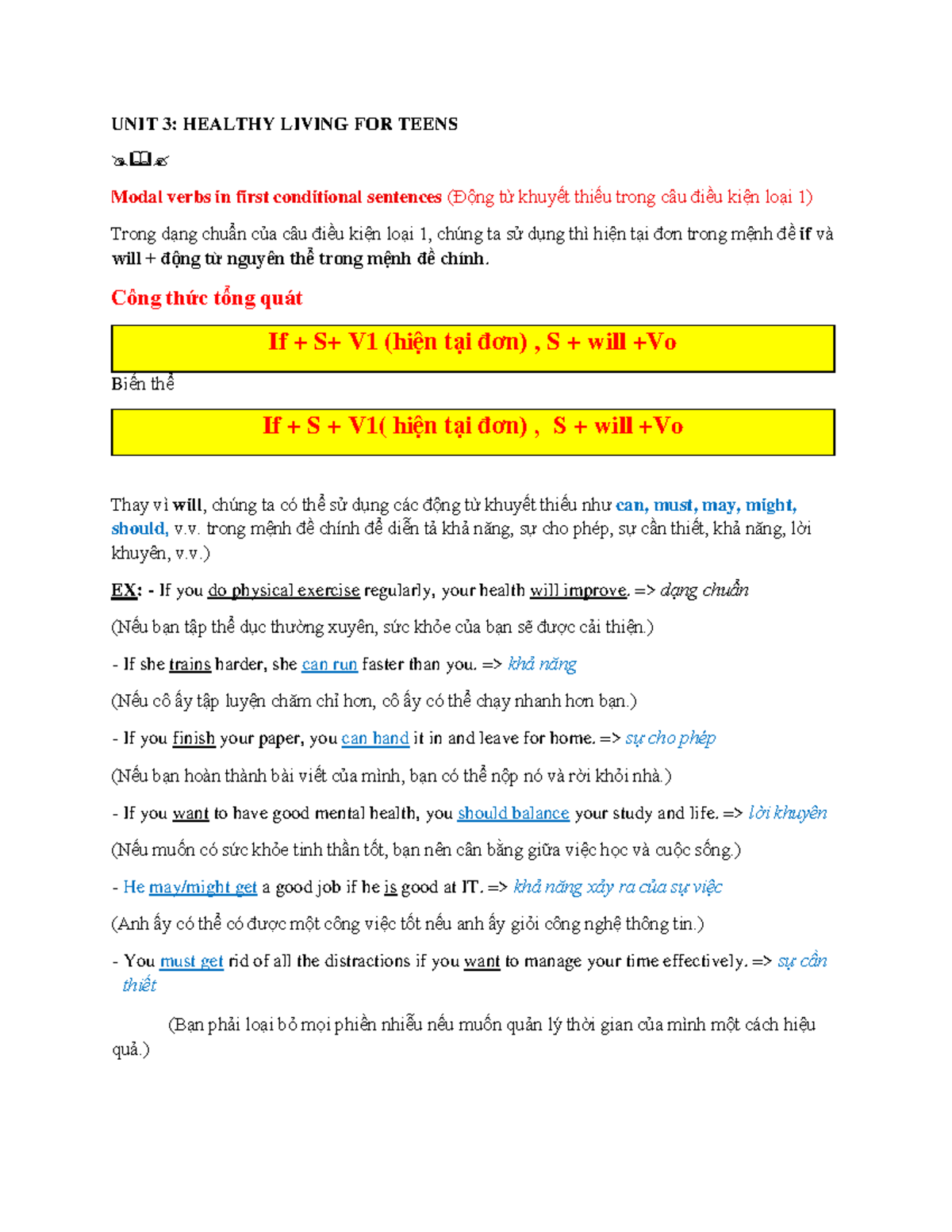 UNIT 3: HEALTHY LIVING FOR TEENS - Modal Verbs in 1st Conditional - Studocu