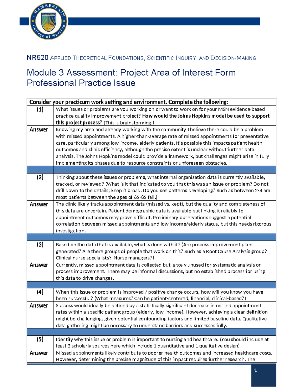 NR520 Module 3 Assessment: MSN Project Area of Interest Form - Studocu