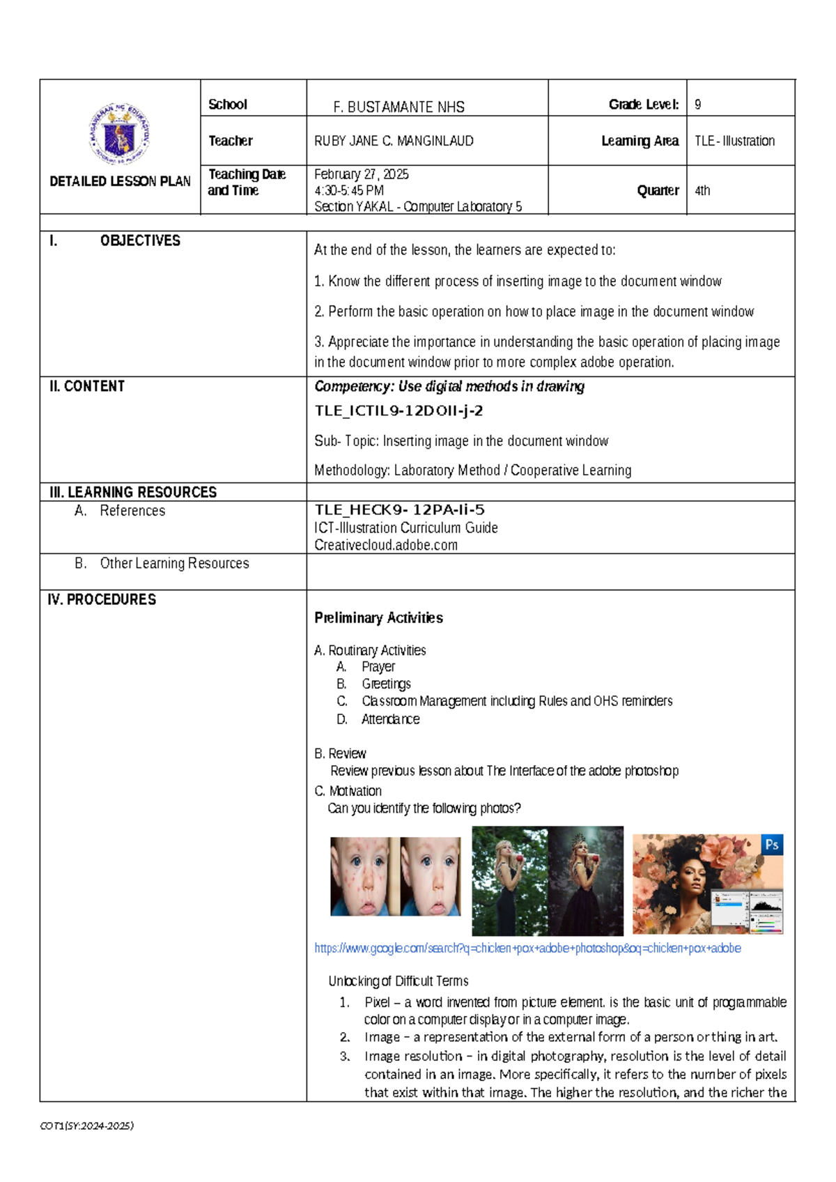 LP-COT1: Detailed Lesson Plan on Inserting Images in Adobe Photoshop ...