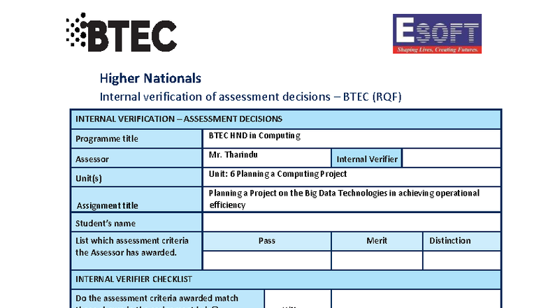 BTEC HND Computing Unit 6: Big Data Project Planning Assignment - Studocu