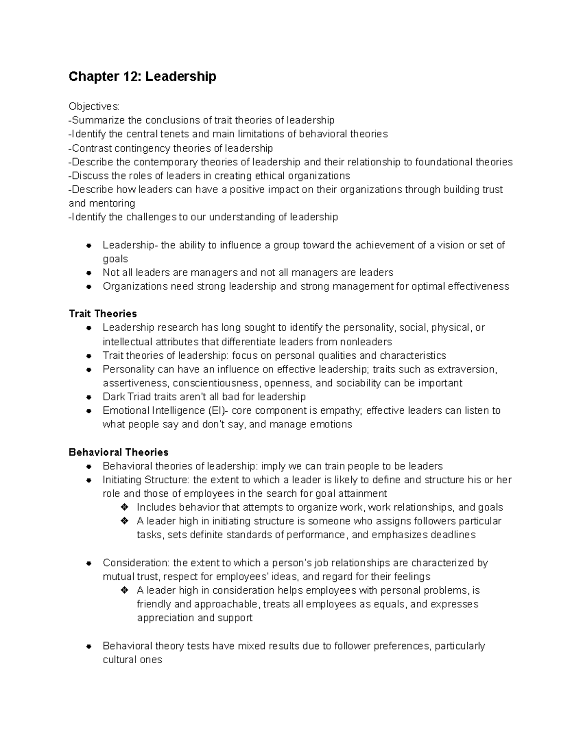 Chapter 12 Notes: Leadership Theories and Impact on Organizations - Studocu
