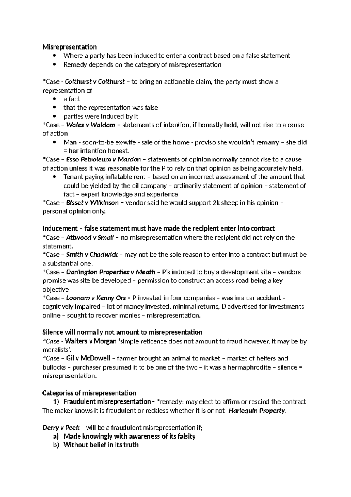 Contract Law: Understanding Misrepresentation Fundamentals - Studocu
