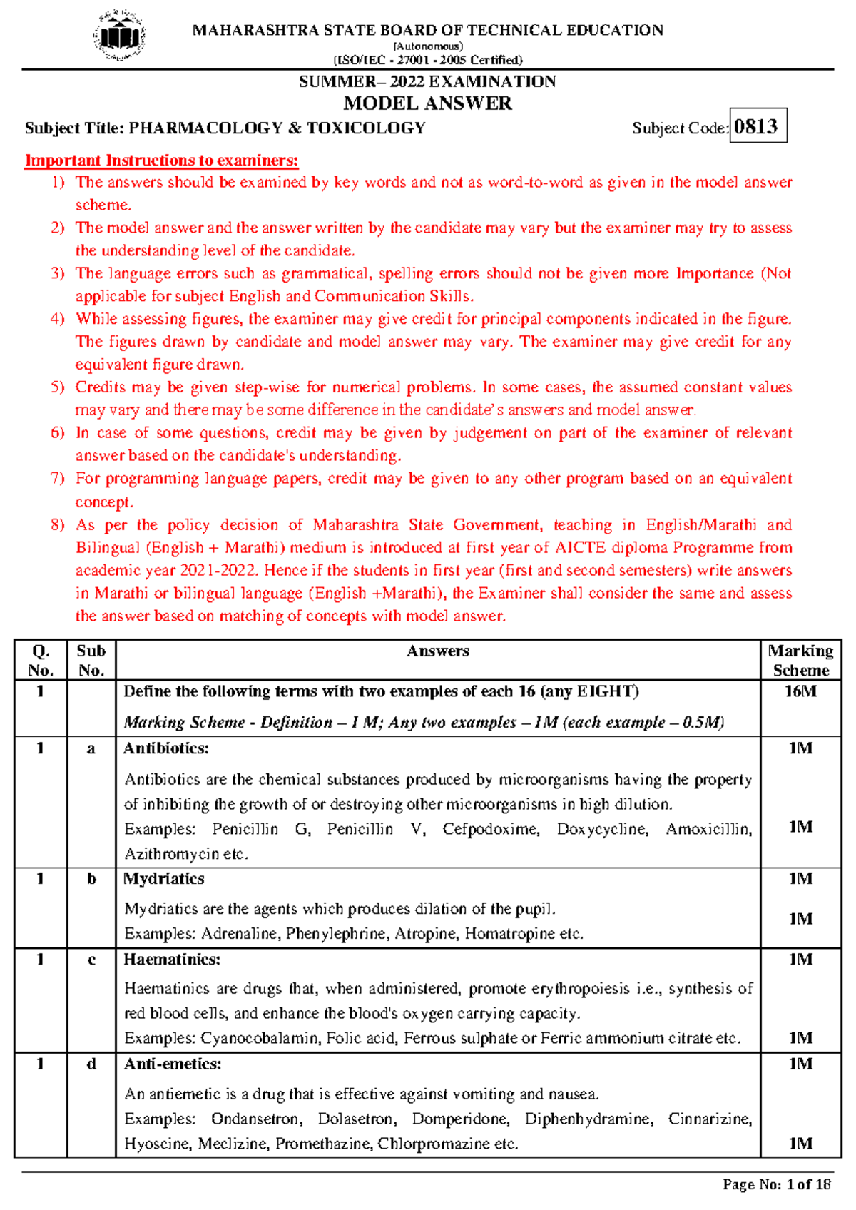 PHARMACOLOGY & TOXICOLOGY Model Answers - Summer 2022 Exam (0813) - Document Preview