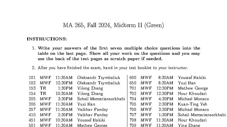 Fall 2024 MA 265 Midterm II Exam Answers (Green) - Studocu