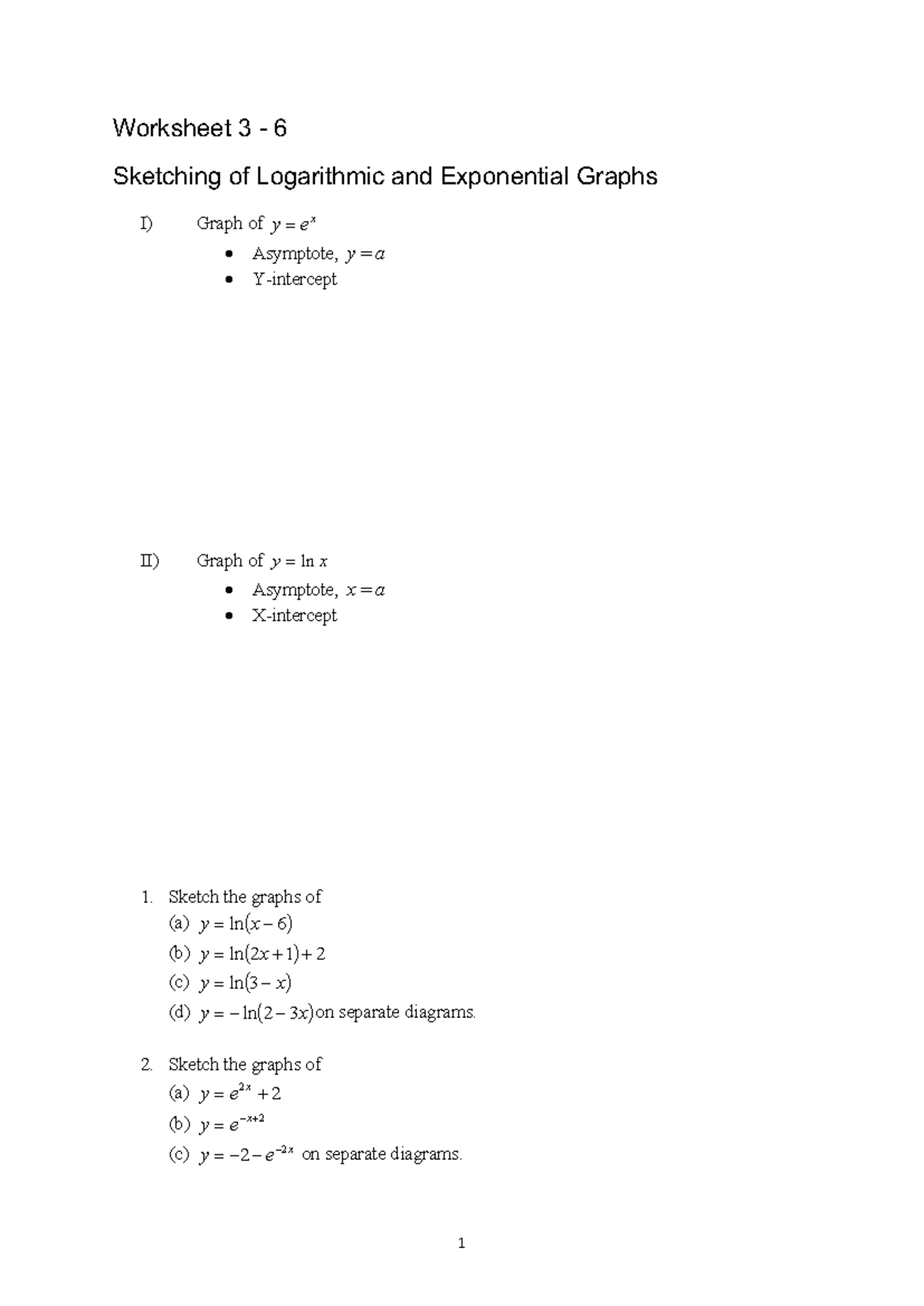 Worksheet 3: Sketching Logarithmic & Exponential Graphs and Word ...