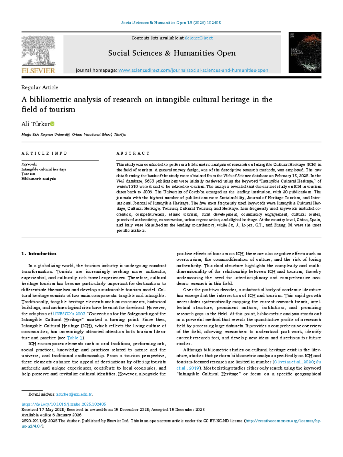 Bibliometric Analysis of Intangible Cultural Heritage in Tourism (SSHO ...