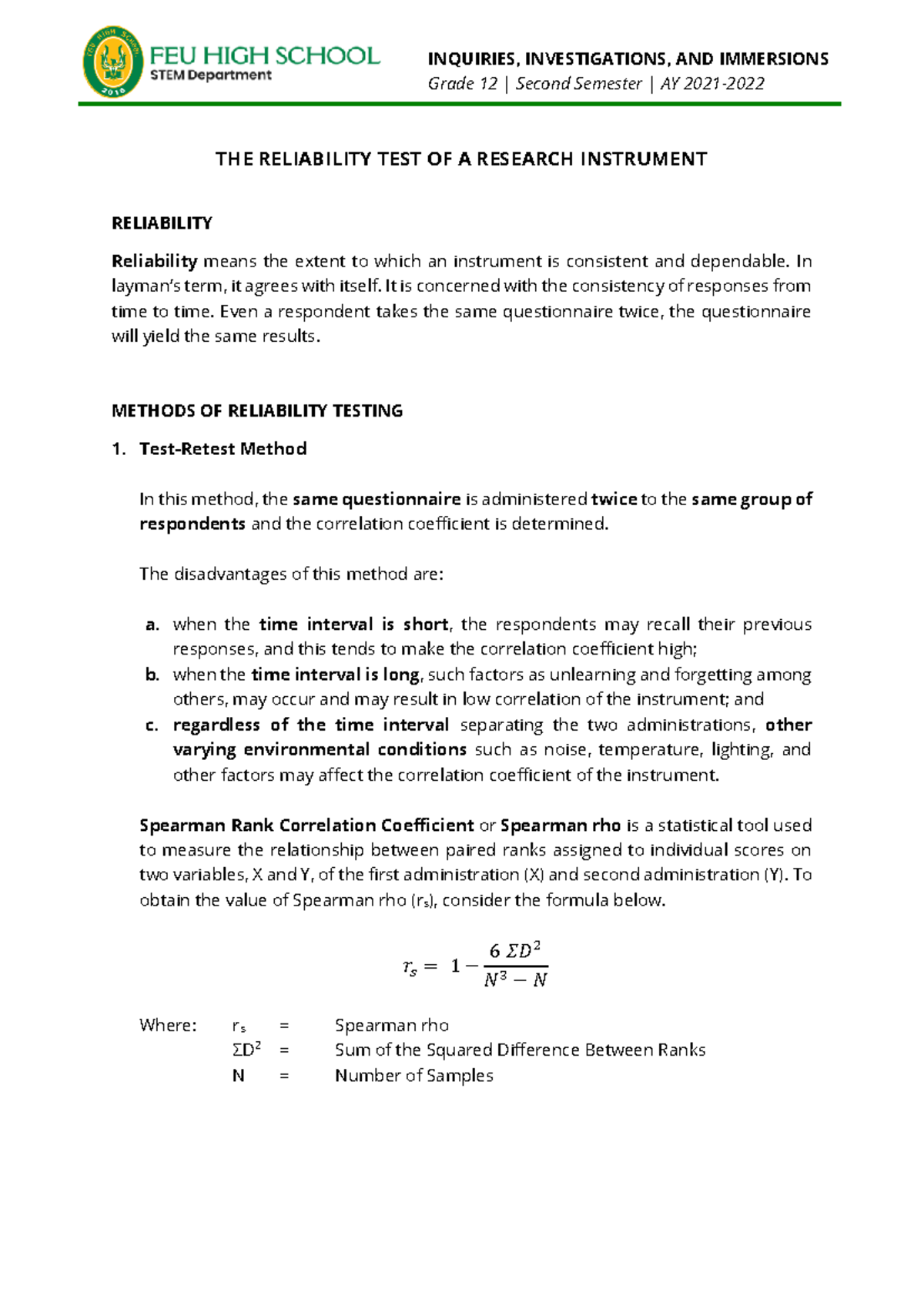 THE Reliability TEST OF A Research Instrument - Grade 12 | Second ...