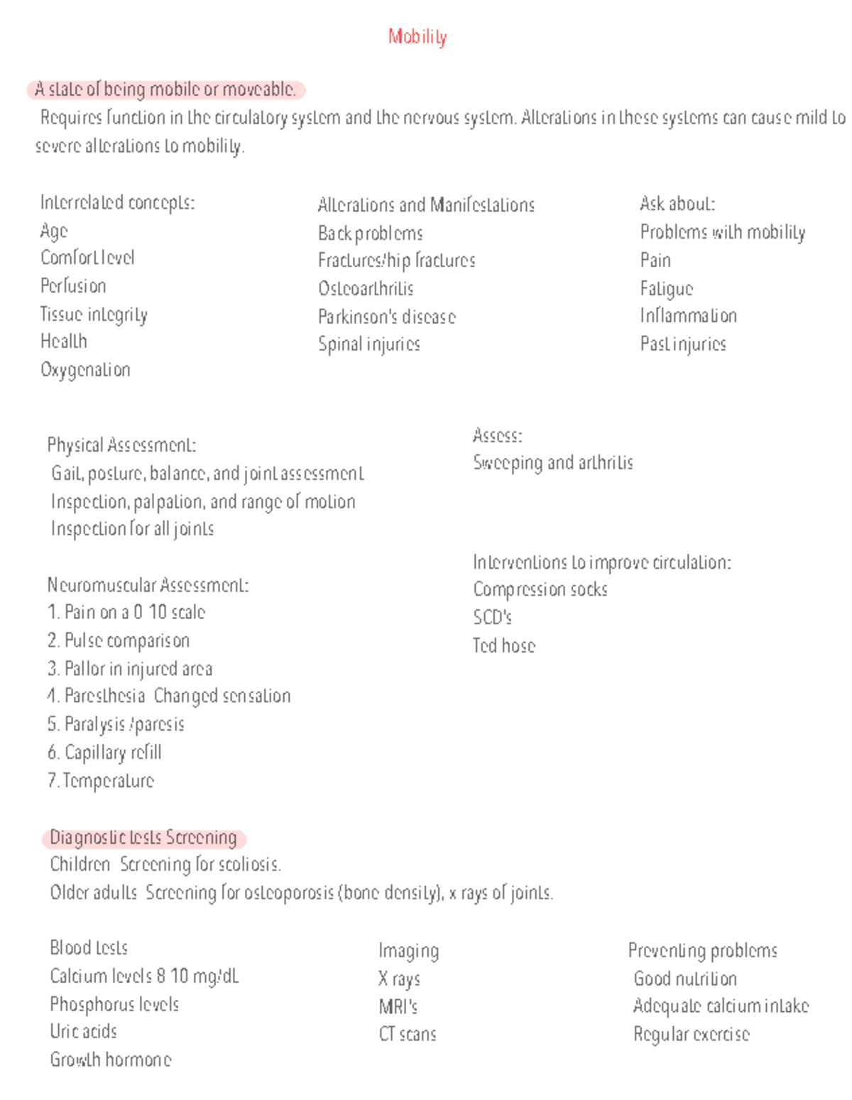 Mobility Assessment & Interventions for Infection 3: Key Concepts - Studocu