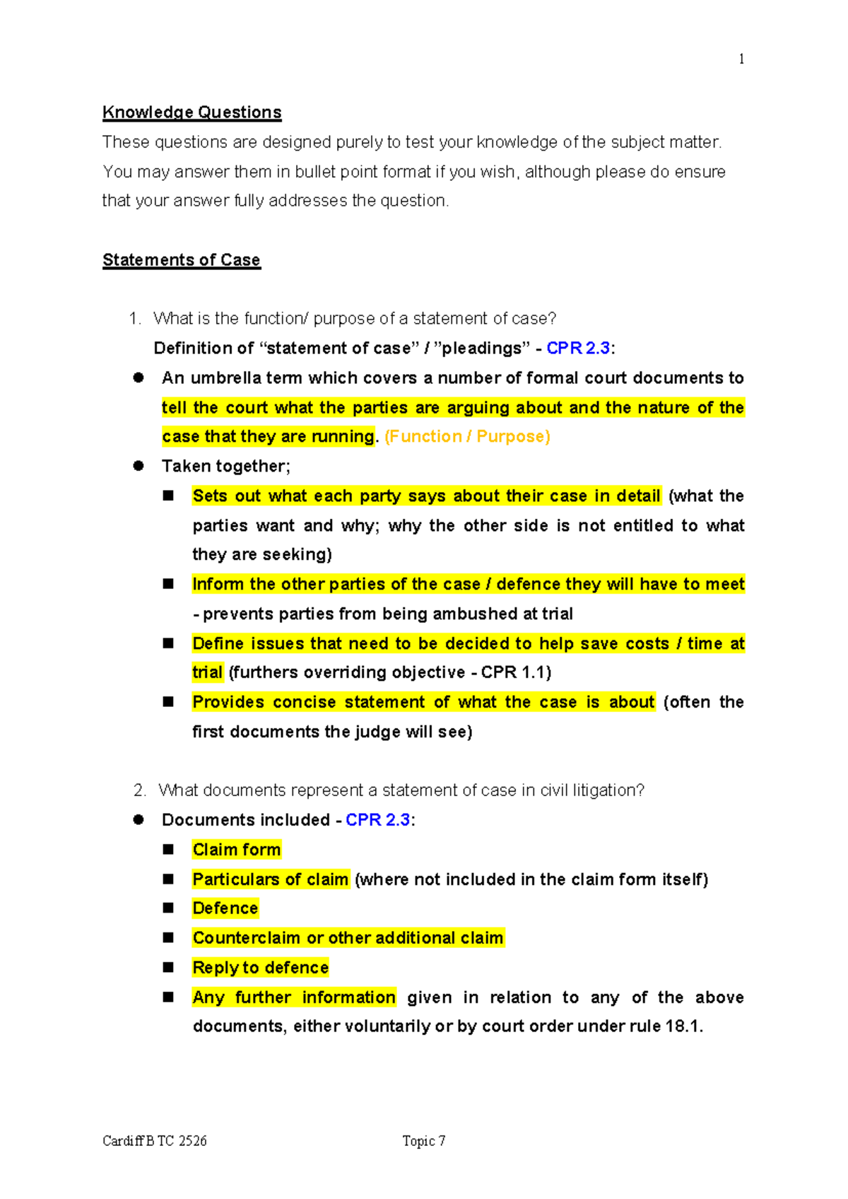Cardiff BTC 2526 Topic 7: Knowledge Questions on Statements of Case ...