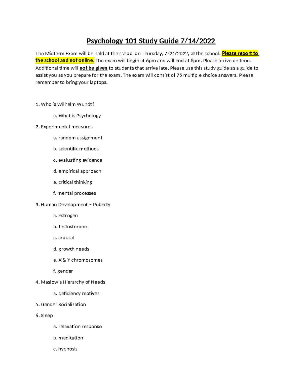 Psychology 101 Midterm Exam Study Guide: Key Concepts & Topics - Studocu