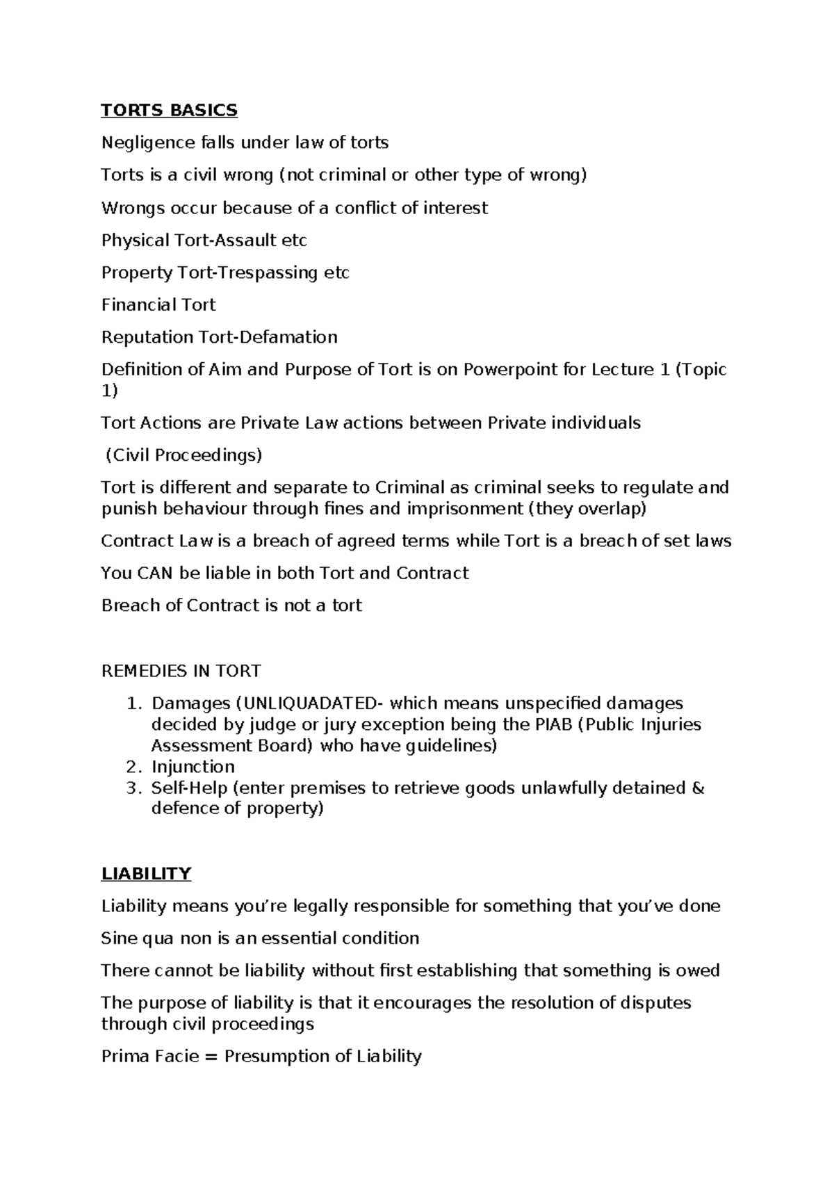 Torts 101: Key Concepts and Negligence Overview for LAW 201 - Studocu