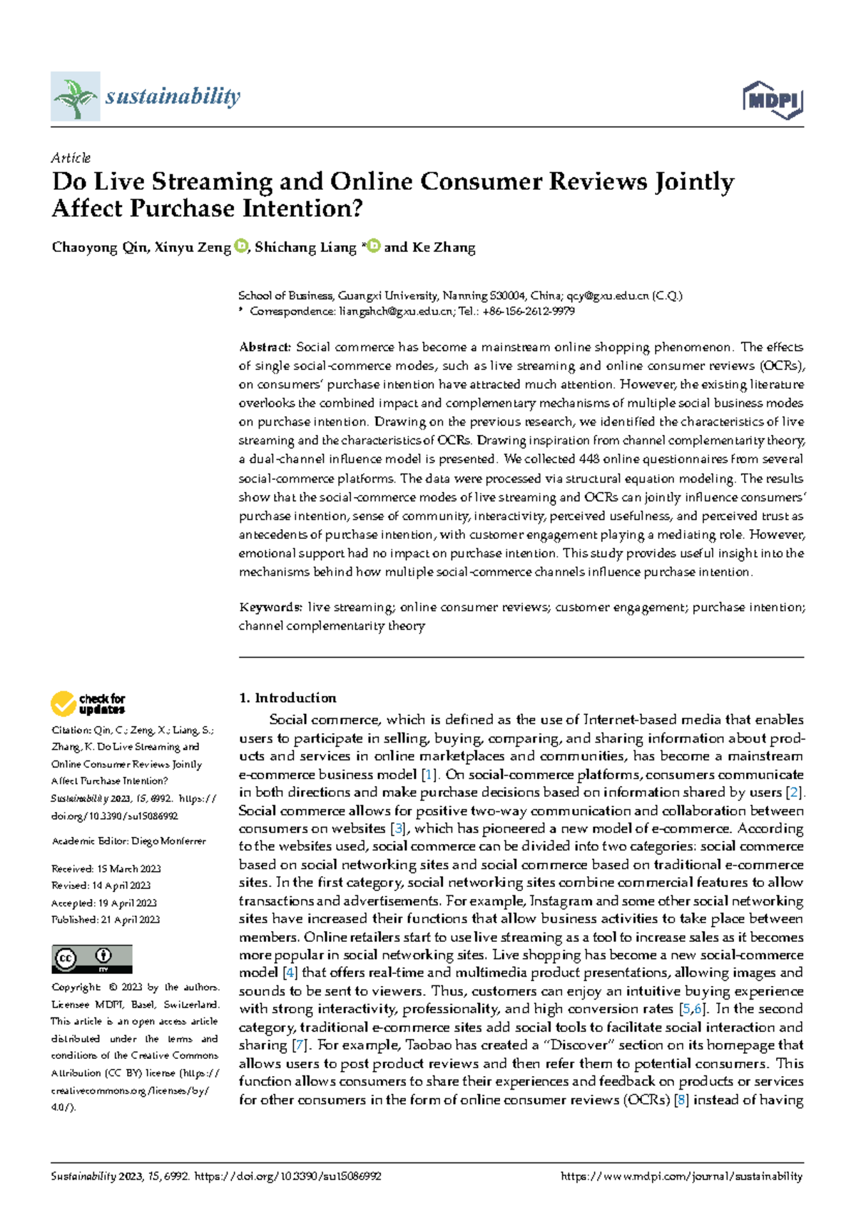 Do Live Streaming & Online Consumer Reviews Affect Purchase Intention ...