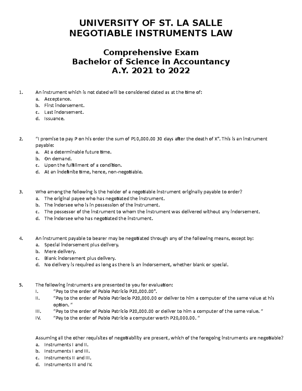 Comprehensive Exam in Negotiable Instruments Law (LAW 101) - Studocu