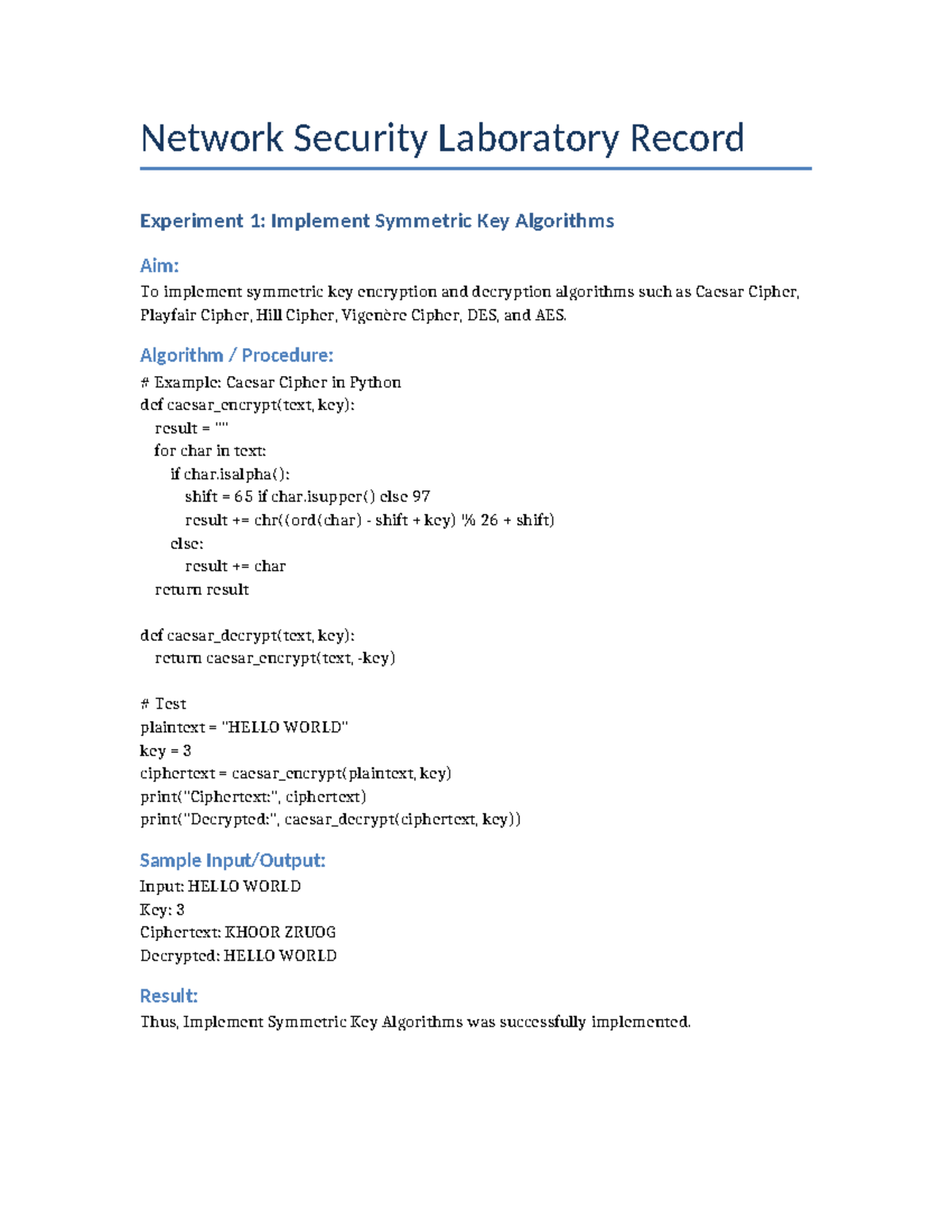 Network Security Lab Record: Symmetric & Asymmetric Key Algorithms ...