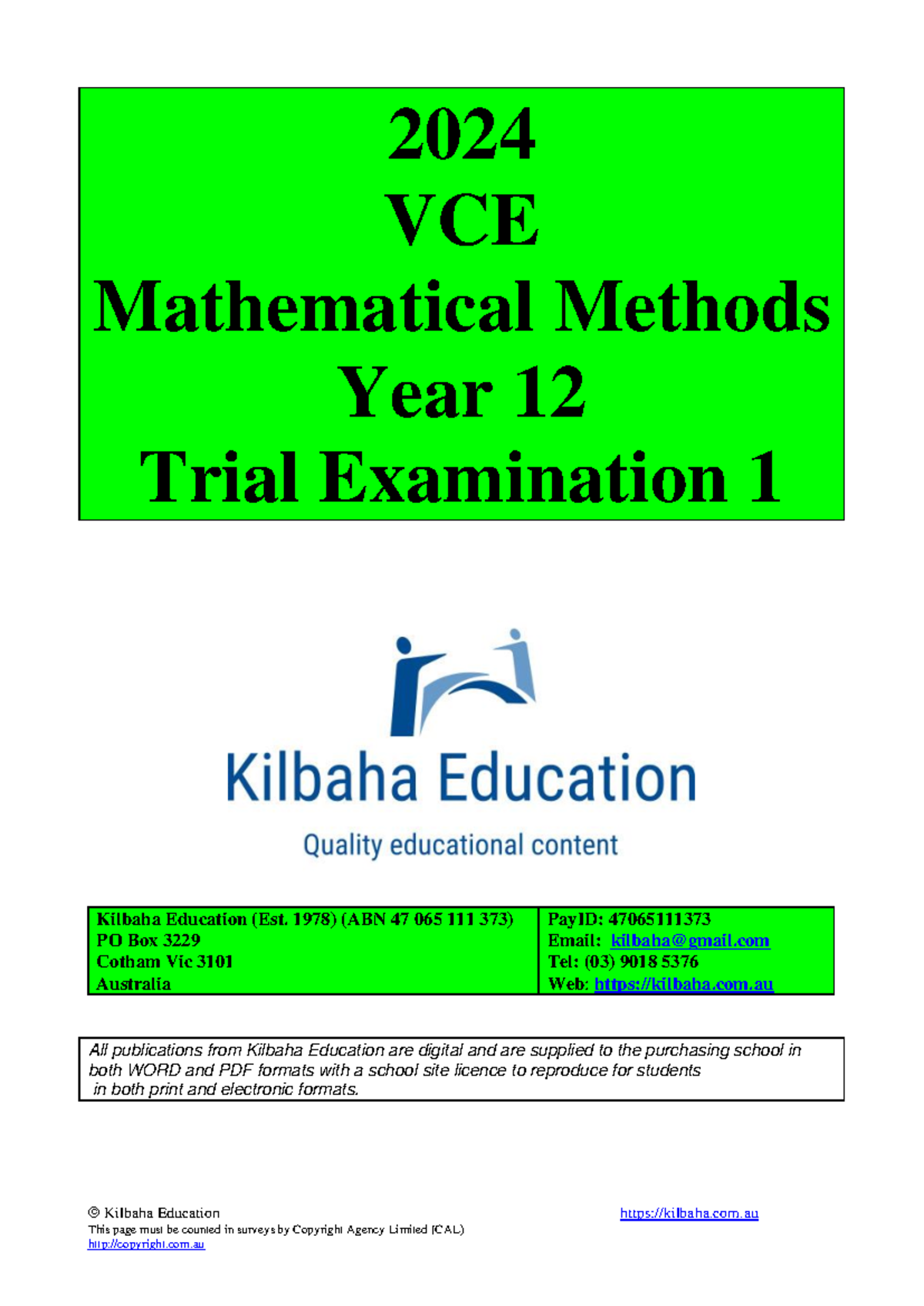 2024 VCE Mathematical Methods Year 12 Trial Exam 1 - Kilbaha Education ...