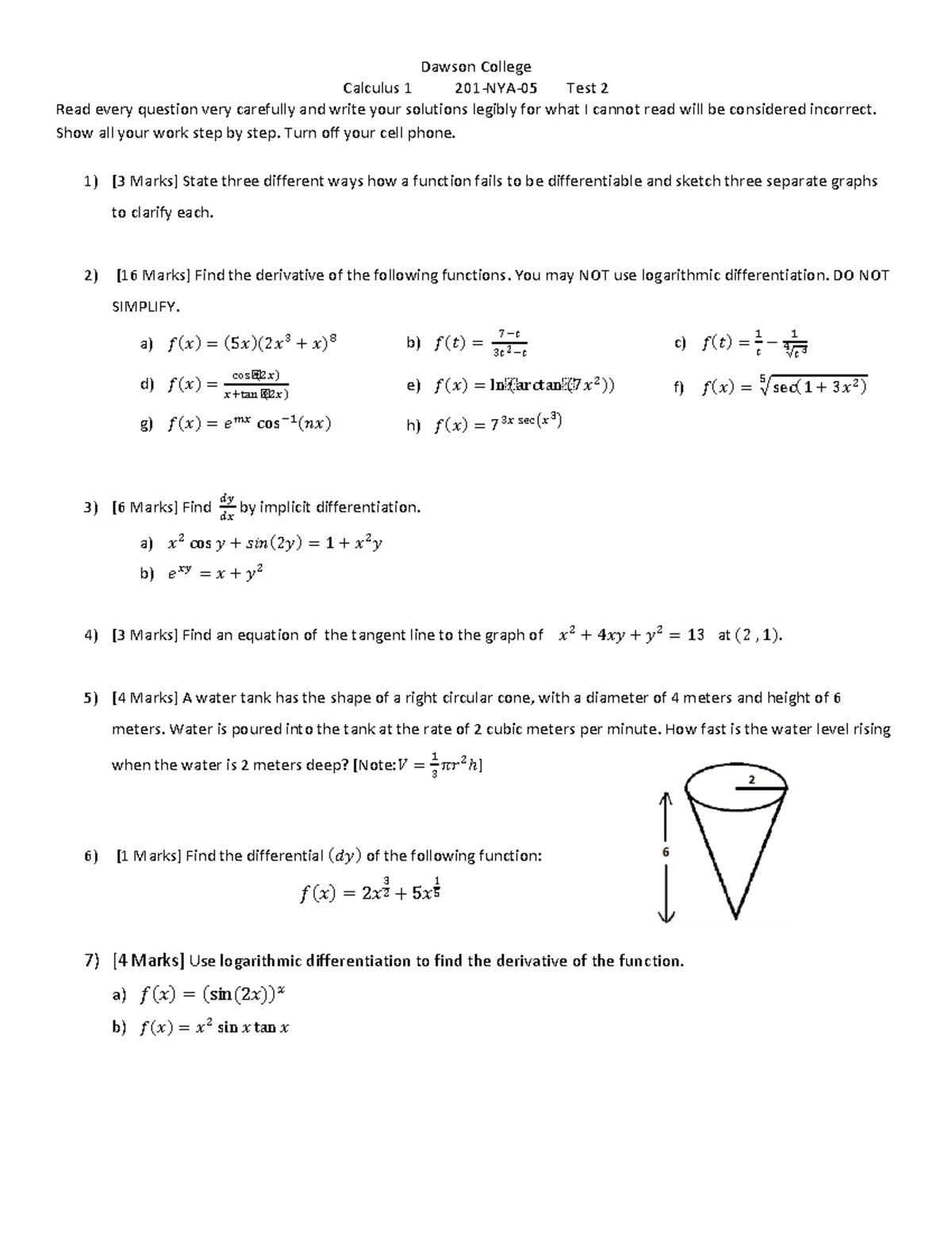 Calculus 1 201-NYA-05 Test 2 - Practice Test Solutions and Strategies ...