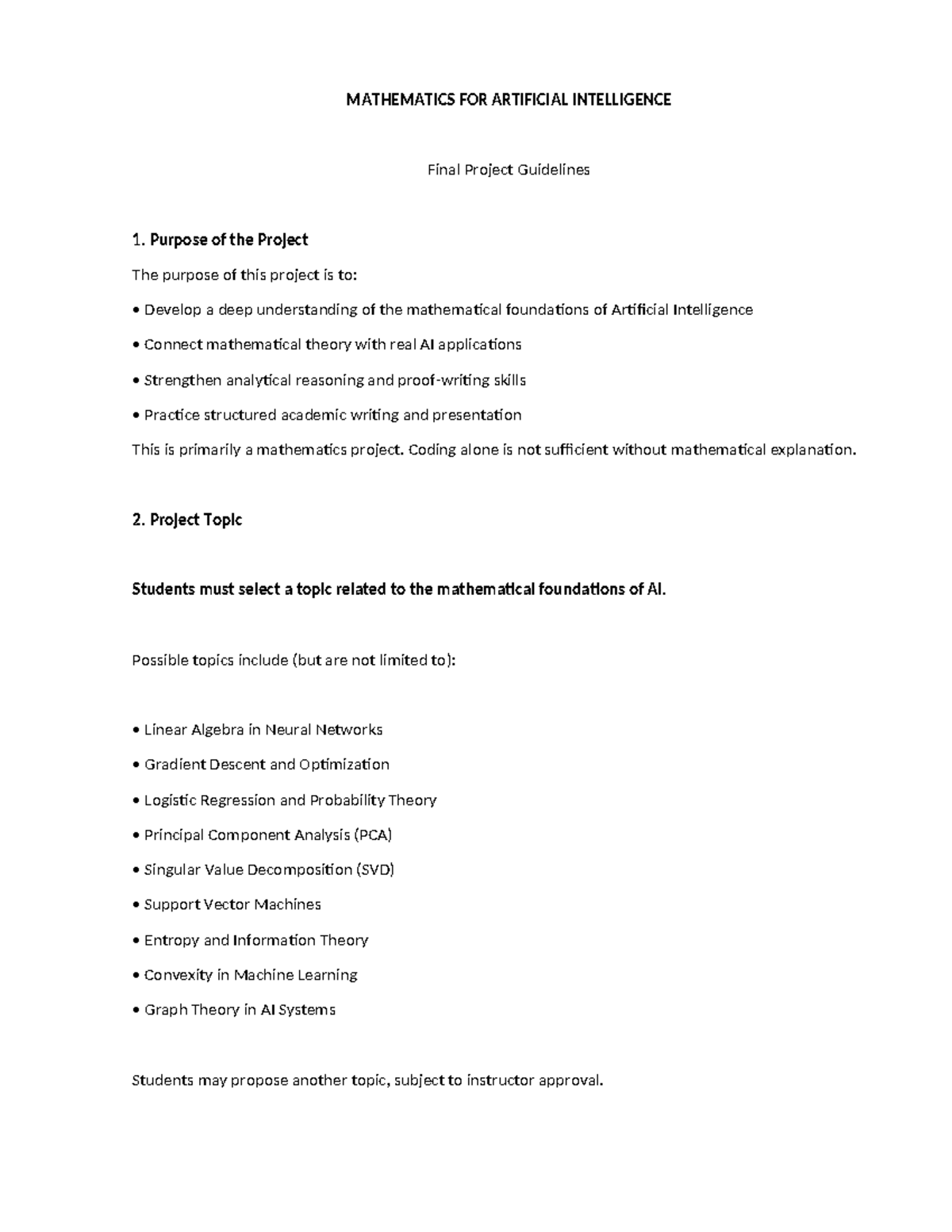 MATHEMATICS FOR AI Final Project Guidelines and Requirements - Studocu